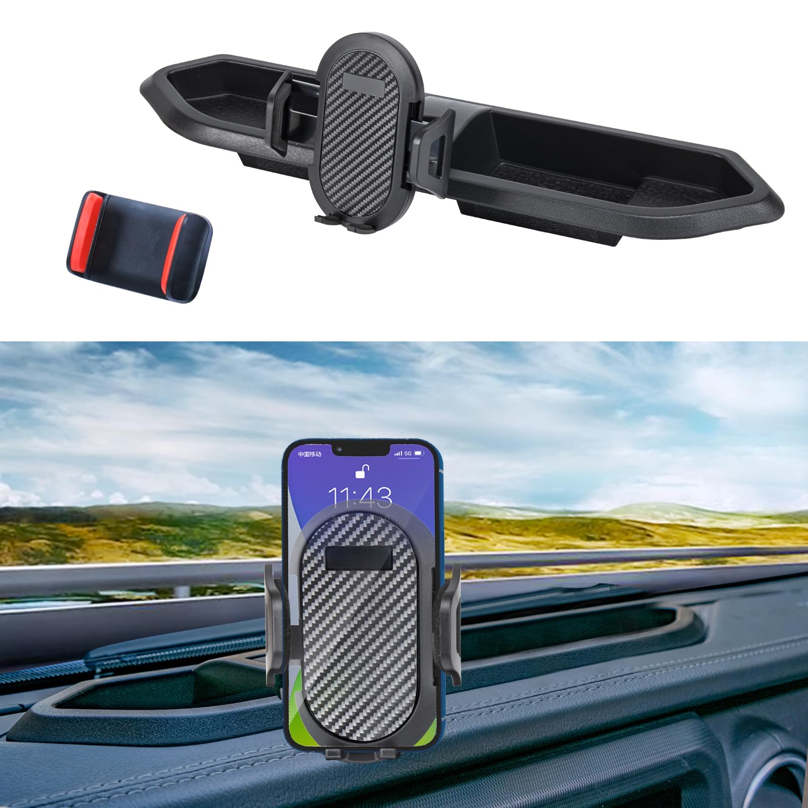 Neepiar Phone Mount Compatible With Jeep Wrangler 2018-2023 Jl Jlu 2020-2023 Gladiator Jt Dash Tray Phone Holder Mount With Storage Box Don'T Fit For The Oil-Electric Vehicle Version