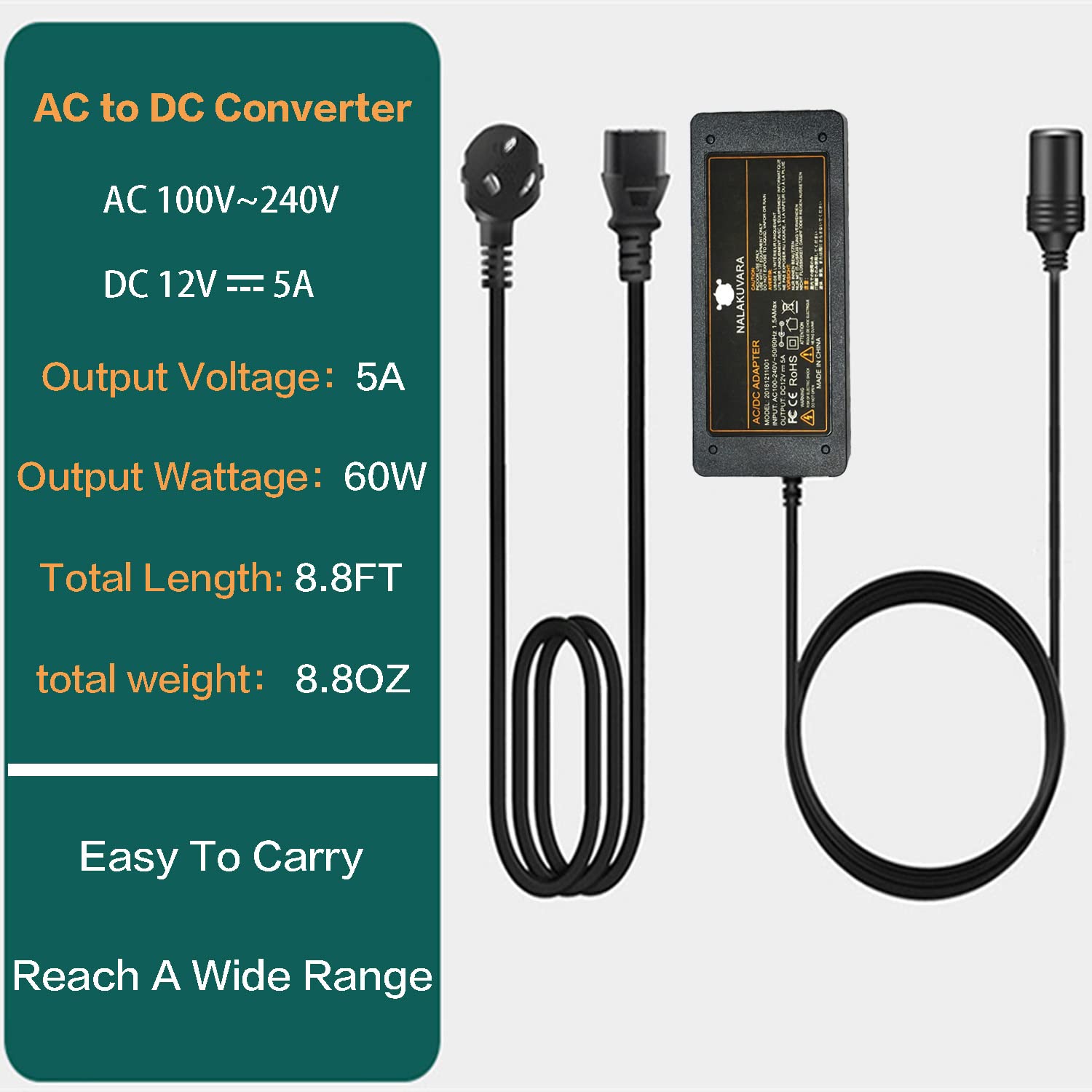 AC to DC Converter 110V to 12V 5A 60W Car Cigarette Lighter Adapter - Wall Plug Outlet Female Socket Converter - 110/120 to 12 V