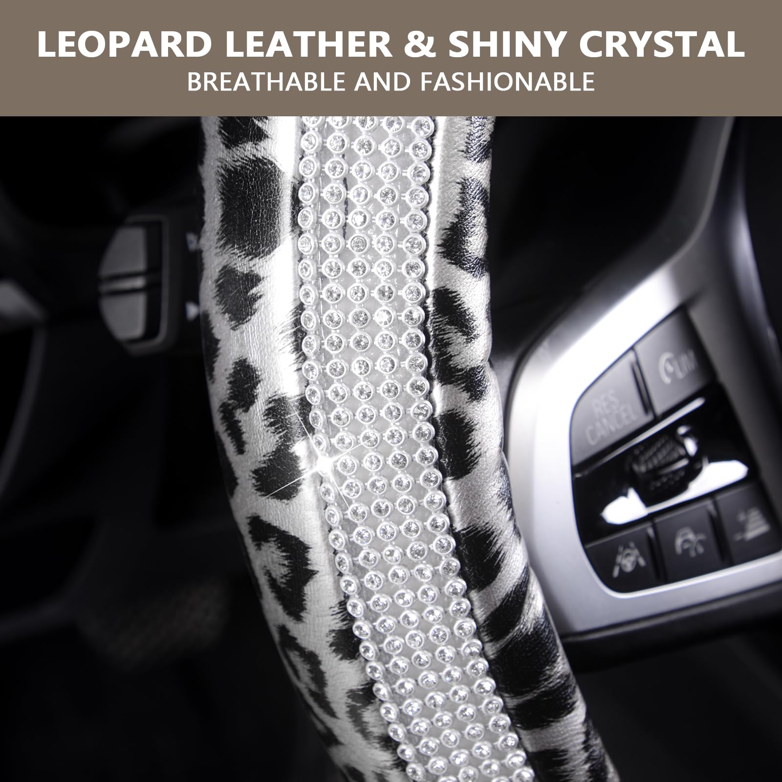 AUTOYOUTH Leopard & Cheetah Print Steering Wheel Cover - Bling Crystal Rhinestones, Leather, Non-Slip, Universal Fit 14.5-15 Inch, Black & Silver