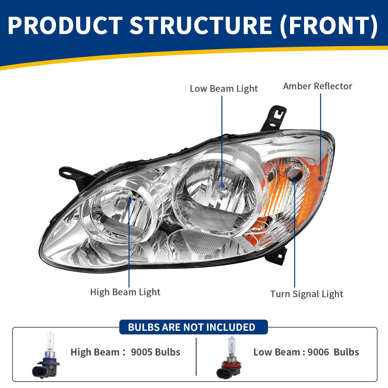 Autosaver88 Headlight Assembly Compatible With 2003-2008 Corolla Headlamp Pair Replacement Chrome Housing Amber Reflector Clear