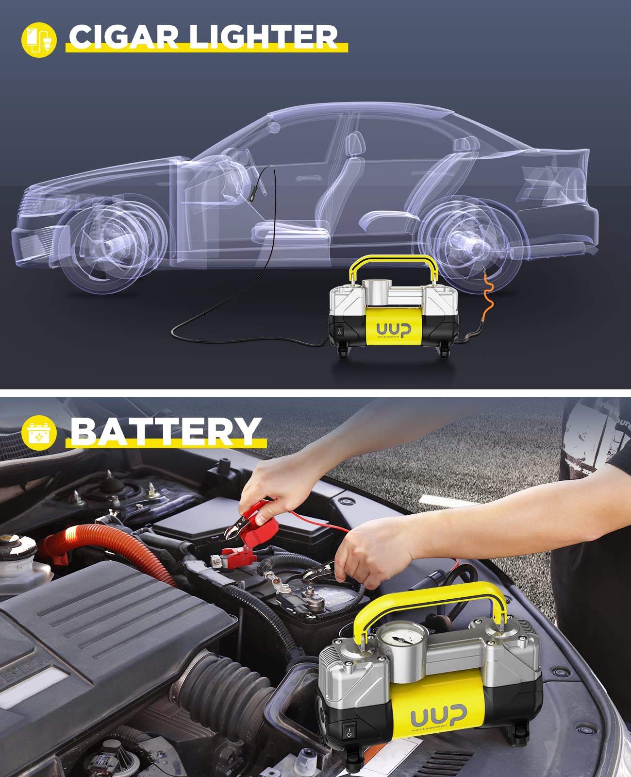 UUP Tire Inflator Air Compressor 150PSI 12V DC Metal Heavy Duty Portable Pump - Small, Yellow, Model AC002 for Truck, SUV, Car, RV