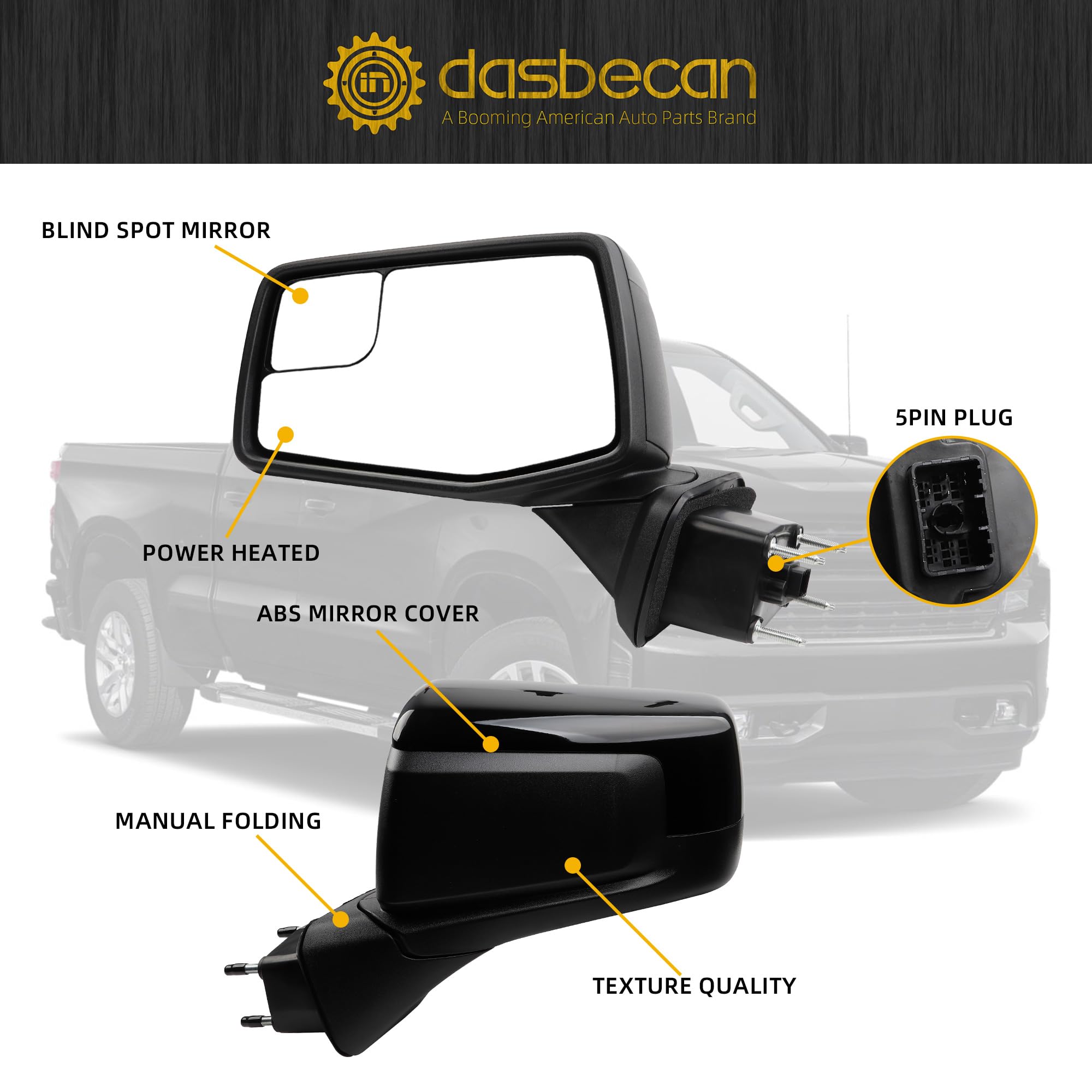 Dasbecan Left Driver Side Mirror Compatible with 2019-2024 Chevy Silverado 1500 with Power Heated/Blind Spot/Manual folding Glos