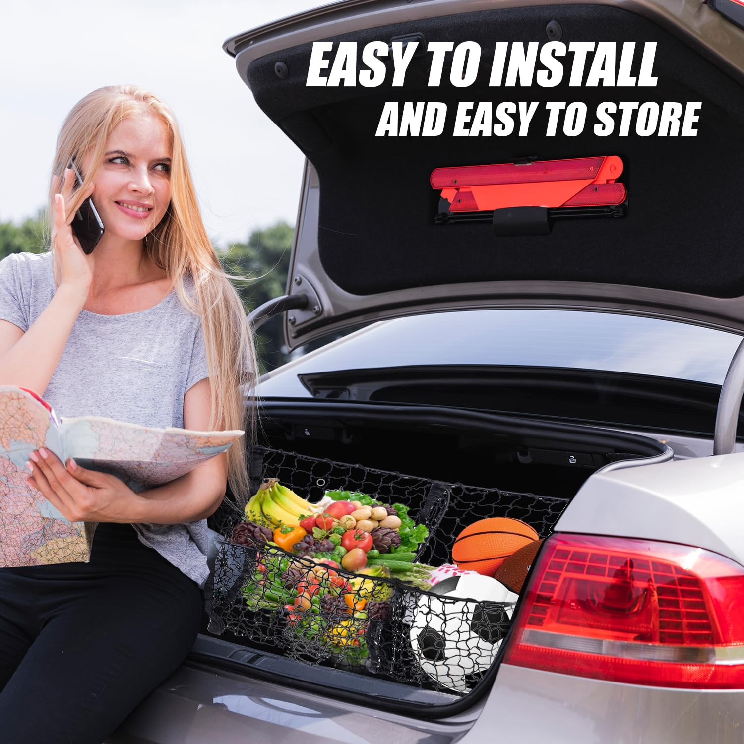 Zone Tech Three Pocket Mesh Trunk Cargo Net Storage Organizer- Premium Quality Black Heavy Duty Black Mesh 3 Pocket Trunk Cargo