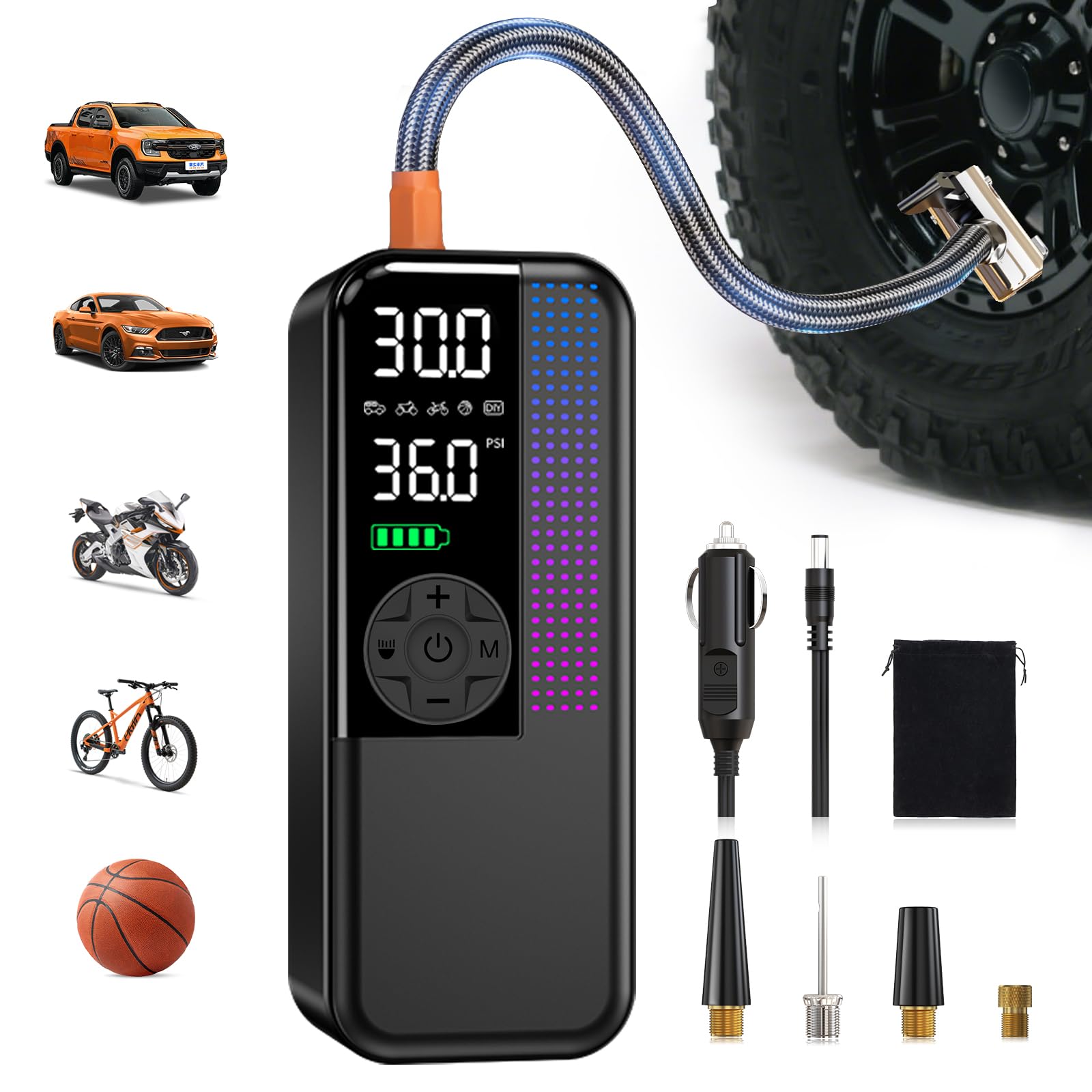 Tire Inflator Portable Air Compressor, 150 PSI Cordless Air Pump, Dual Power 6000mAh, 12V DC Car Plug, Fast Inflation 24L/Min, A