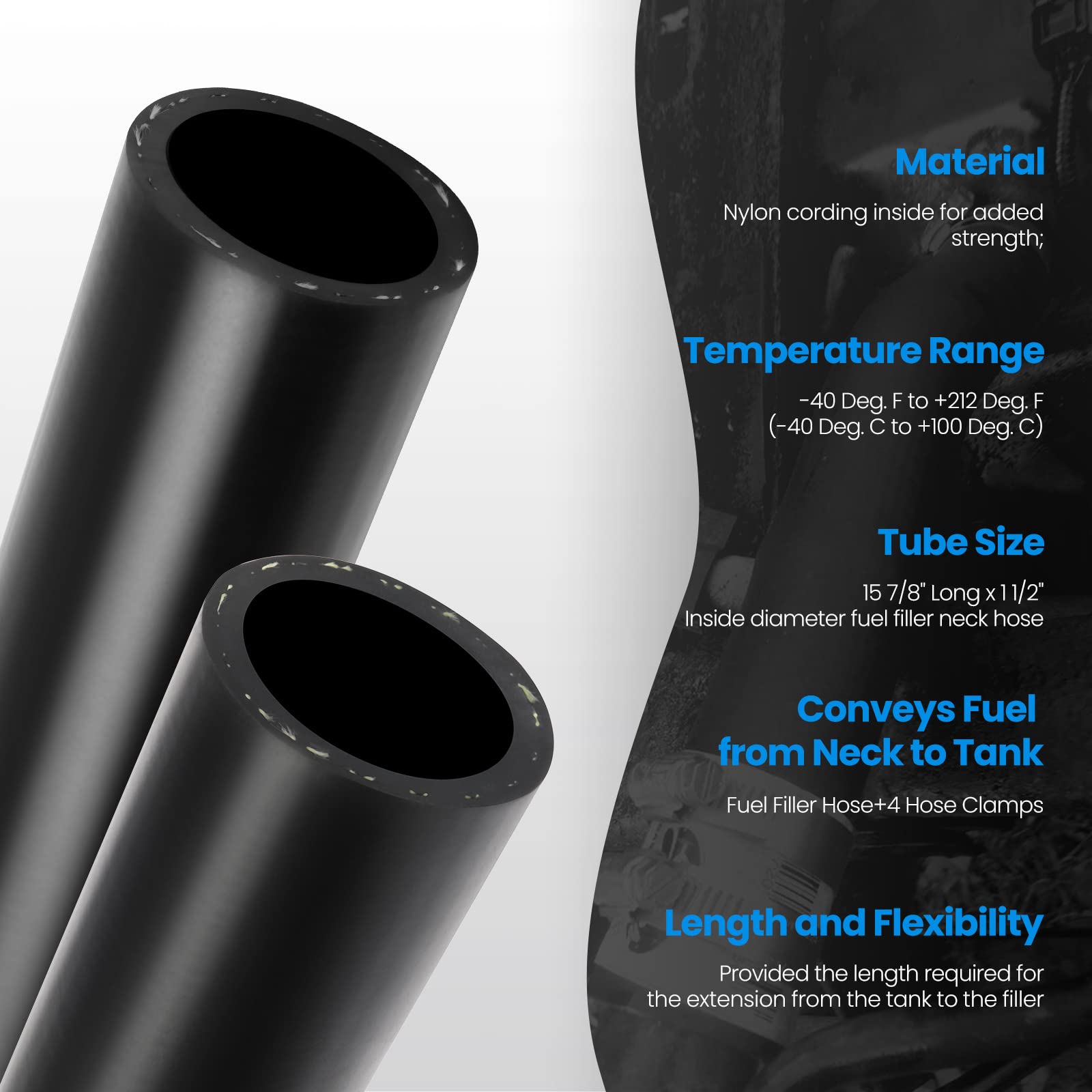 Tkkeuep Gasoline Fuel Filler Neck Hose With 4 Hose Clamps,1 1/2 Inches Inside Diameter Fuel Filler Hose, Reinforced Gas Tank Filler Hose