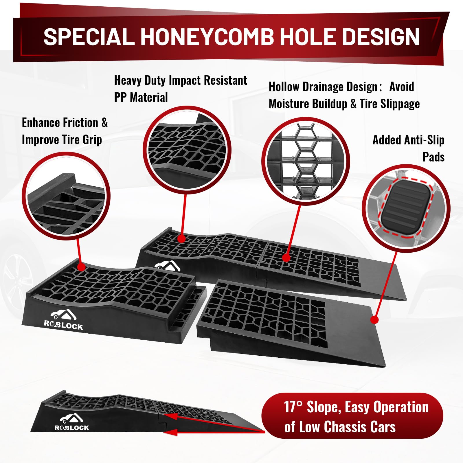 Roblock Removable Low Profile Car Ramps For Jack Support And High Lift, Heavy Duty Car Ramps For Low Cars, Detachable Vehicle Ra