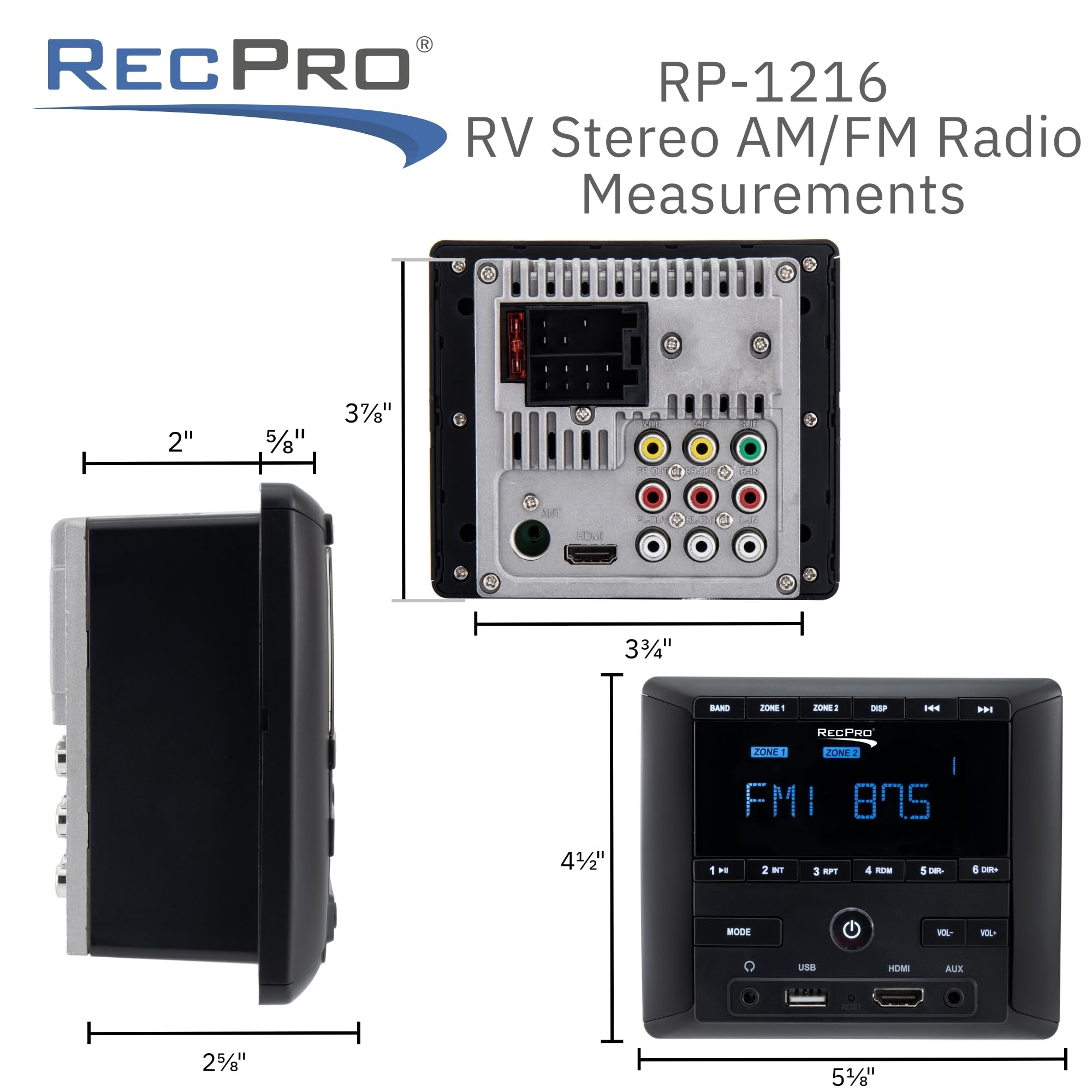 RecPro RV Stereo AM/FM Radio with Bluetooth | Aux-in | HDMI | 4-Channel Audio | 2 Zones | RV Sound System