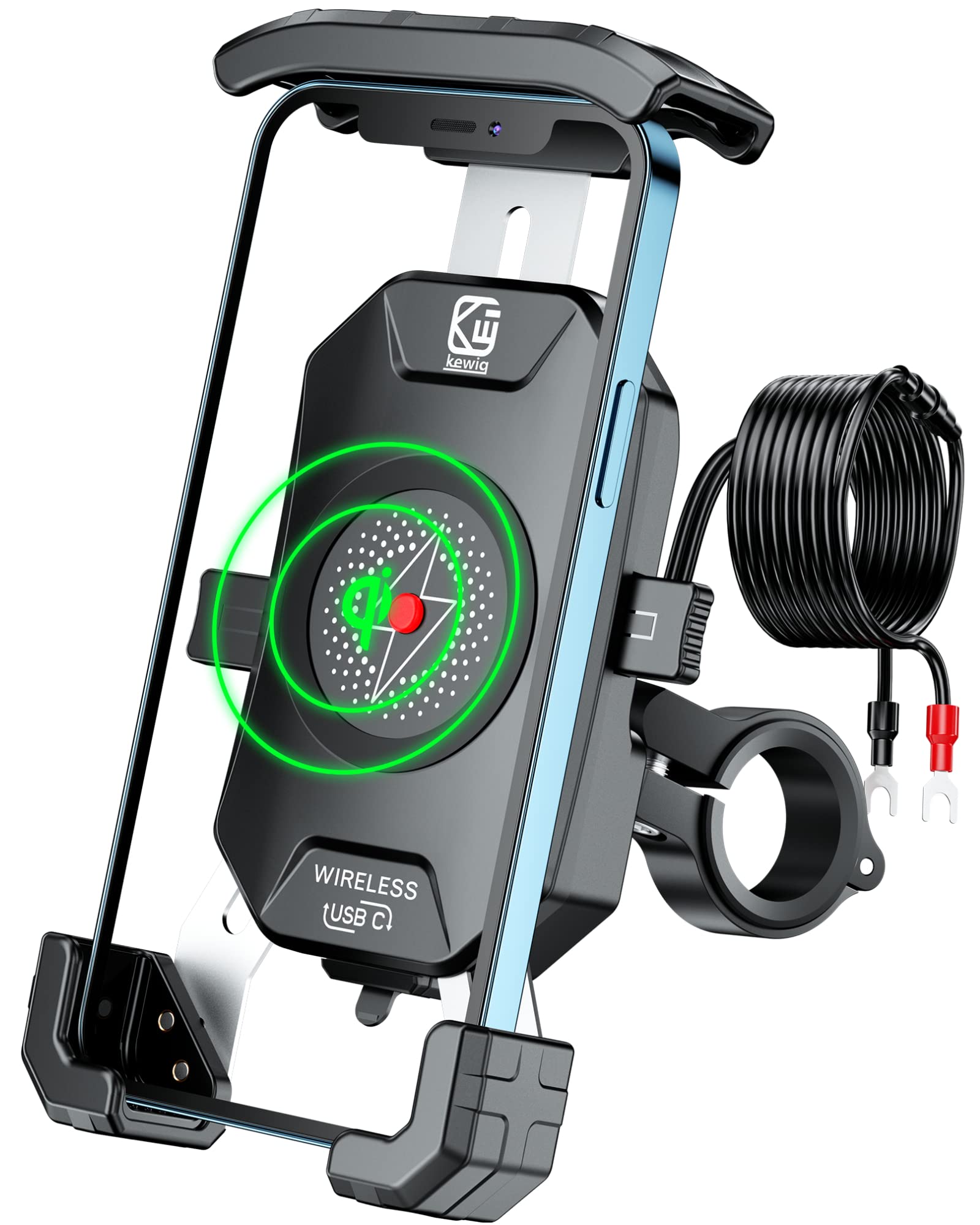 BRCOVAN Motorcycle Phone Mount with Qi 15W Wireless Charger and USB C 20W Fast Charging Port, One Hand Operation Motorcycle Cell