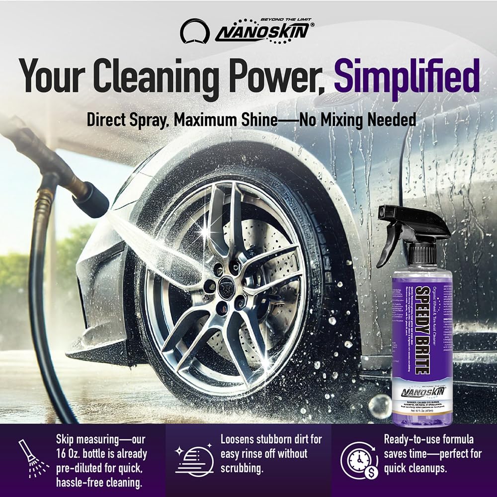 Nanoskin SPEEDY BRITE Pro Grade Wheel & Tire Acid Cleaner, 32 Oz. (2x16Oz) - Chrome & Coated Wheel Safe, Cleaning with Organic A