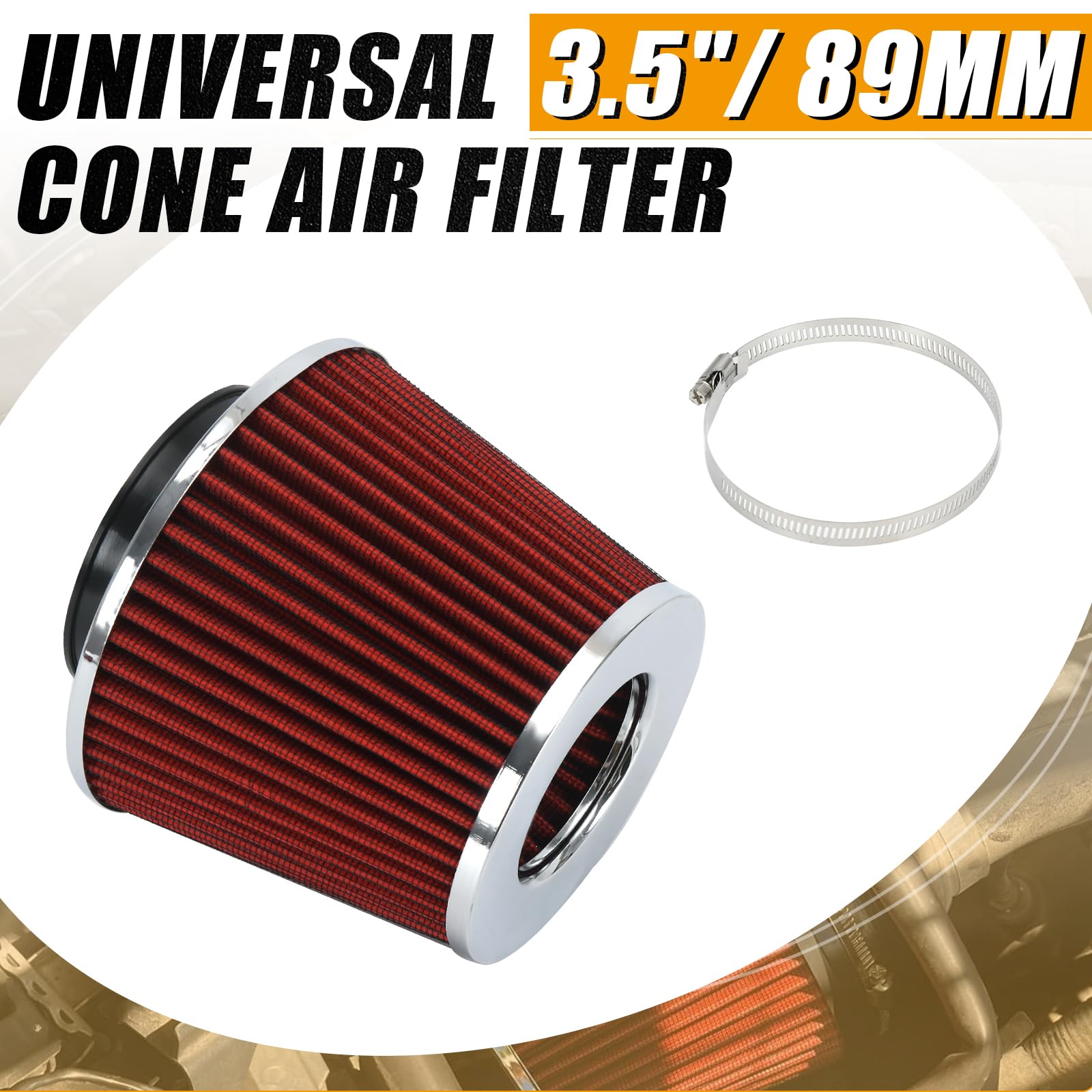 Ptnhz Universal Red 3.5'' 89Mm High Flow Cold Air Intake Cone Air Filter Power Intake Air Inlet System Air Cleaner