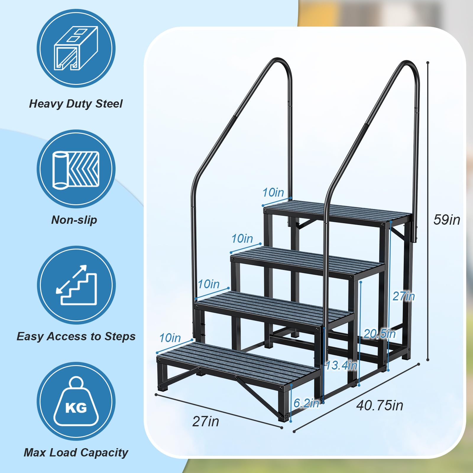 Rv Steps with Handrail 4 Step,Hot Tub Steps with Anti-Slip Mats,Heavy Duty Metal Mobile Home Stairs,Camper Steps for Travel Trai