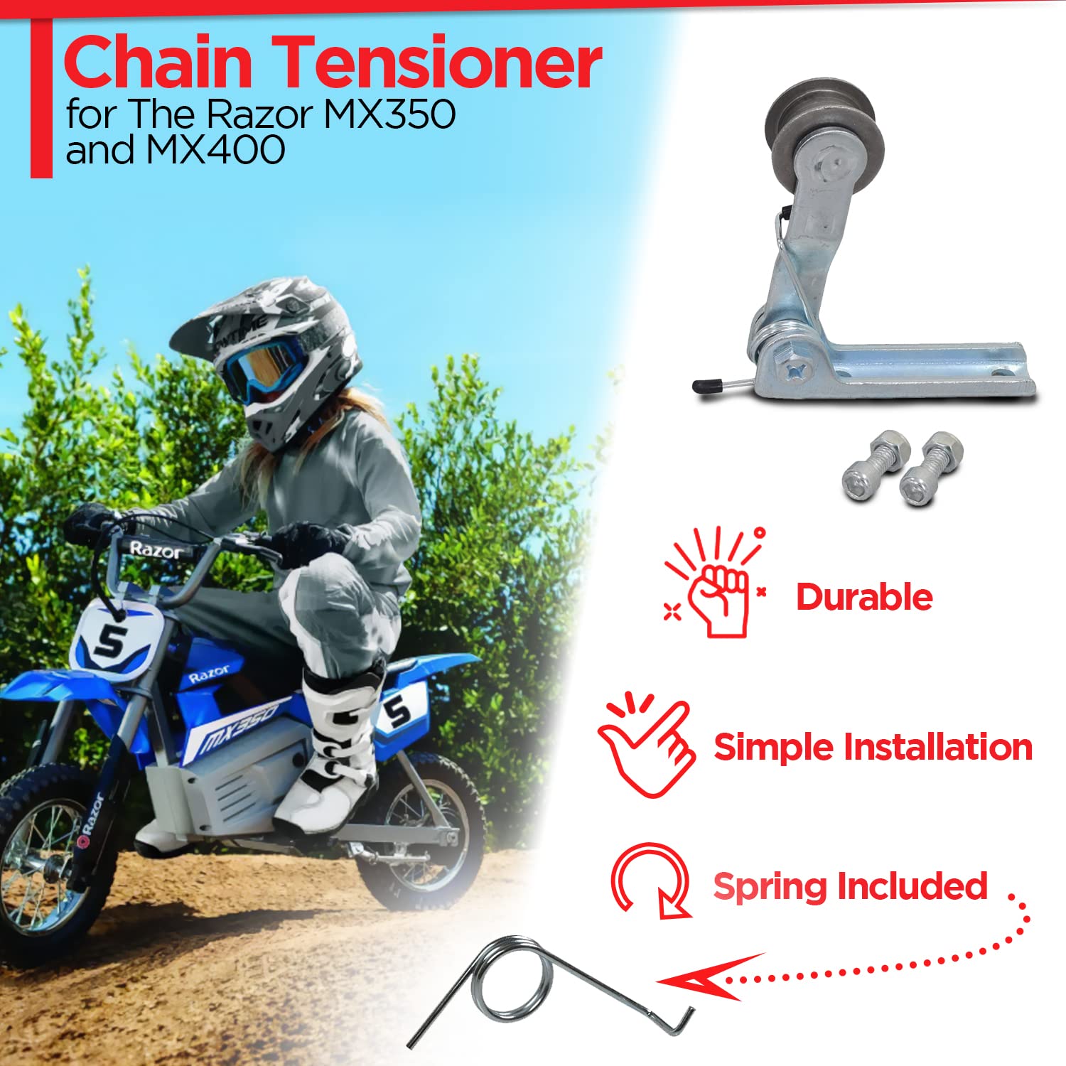 AlveyTech Silver Chain Tensioner - for Razor MX350 and MX400 Dirt Rocket, Replacement with Spring and Roller Adjuster, Electric