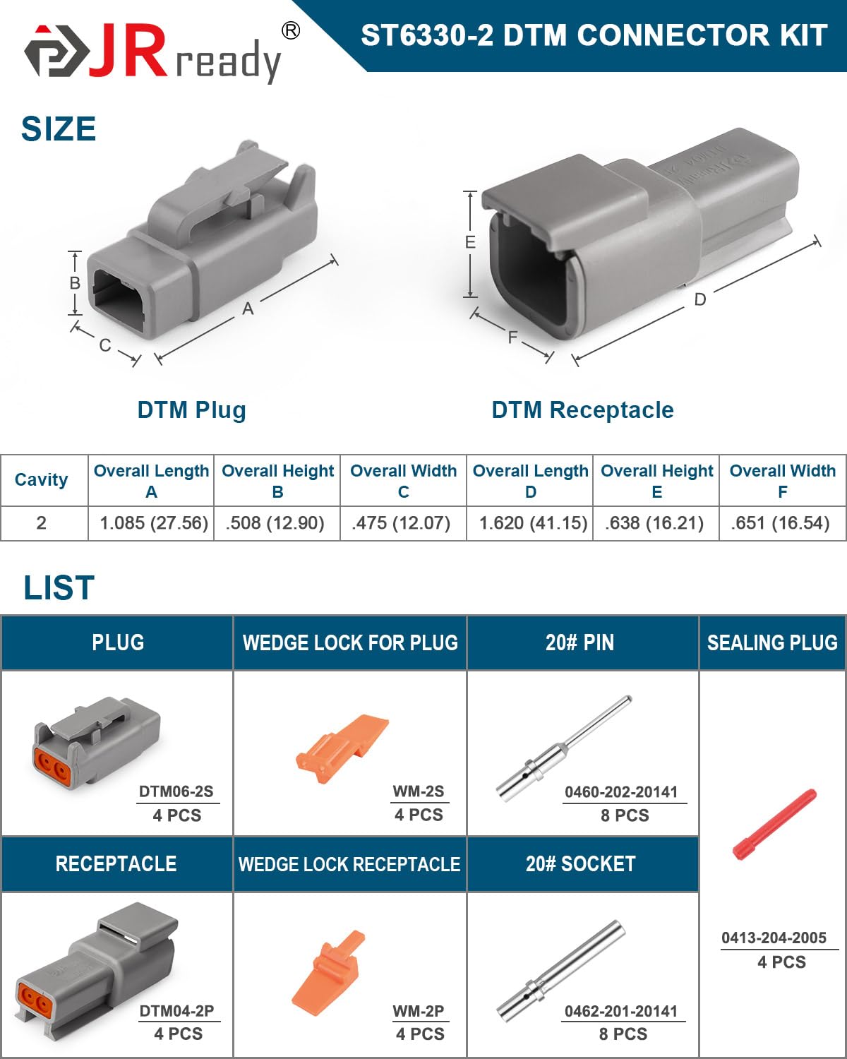 JRready Deutsch DTM 2 Pin Connectors 4 Kits, Waterproof Electrical Wire Connectors with Size 20 Solid Contacts 20-22AWG, ST6330-