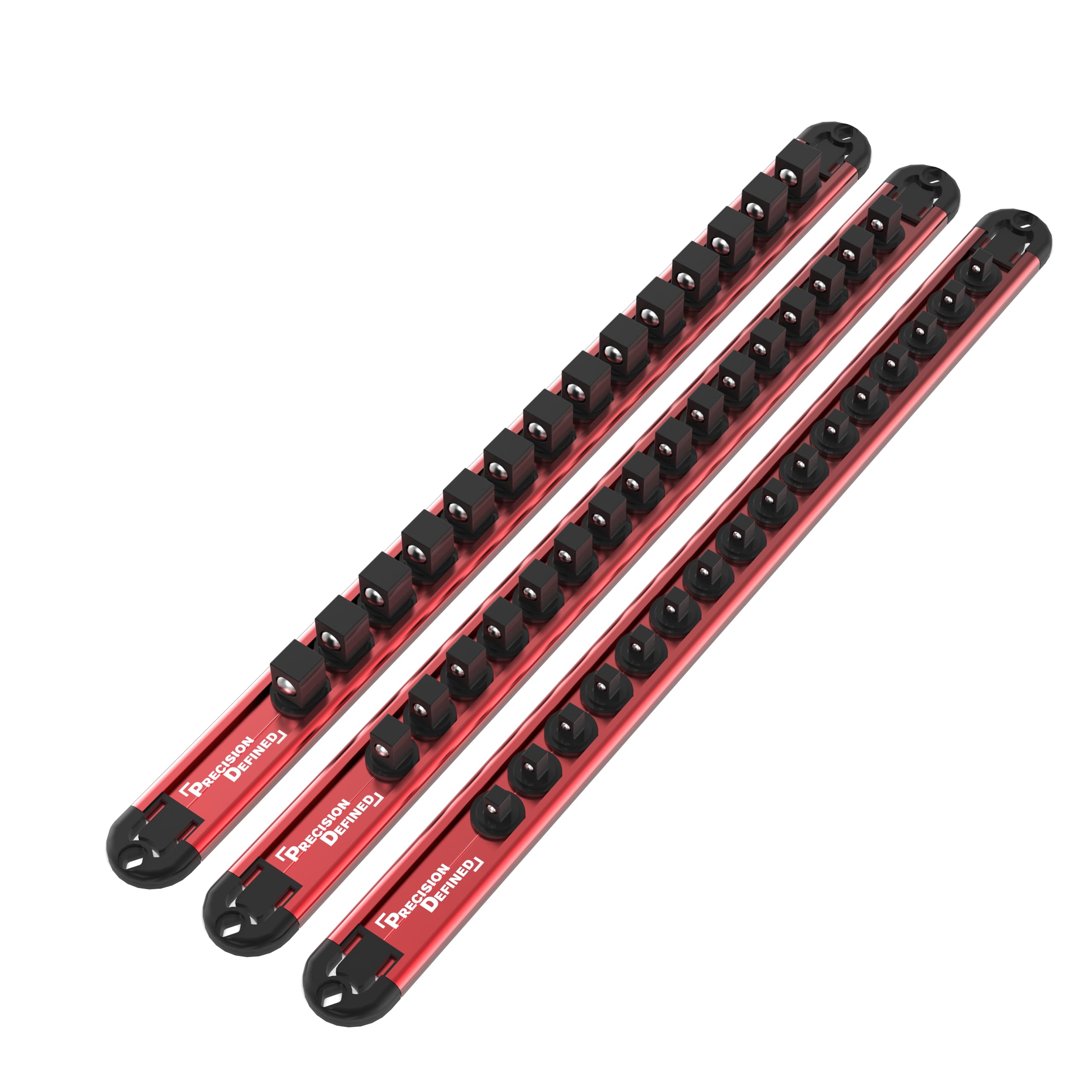 Precision Defined Aluminum Tool Socket Holder 3-Piece Set | Red, 1/4-Inch x 16 Clips, 3/8-Inch x 16 Clips, 1/2-Inch x 14 Clips |
