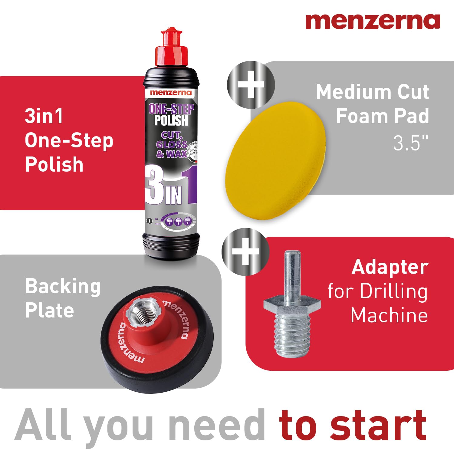 Menzerna 3In1 Polishing Set - One-Step Polish + Drill Machine Adapter + Medium Cut Pad | Polish Your Car With A Cordless Drill