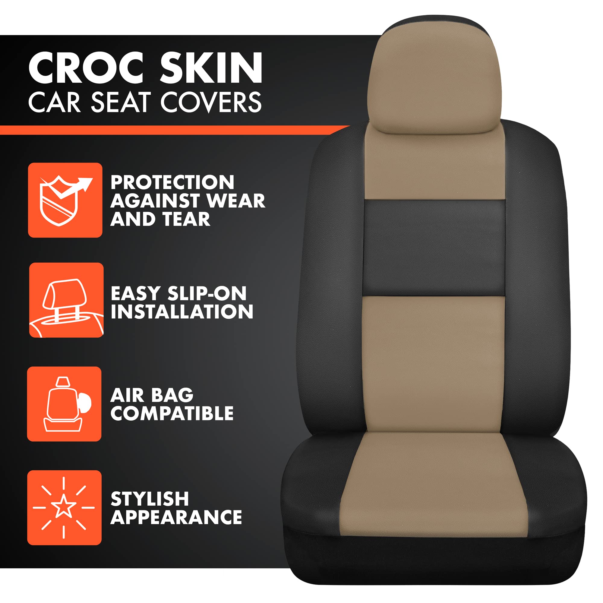 Bdk Croc Skin Faux Leather Car Seat Covers, Full Set Beige - Front And Back Split Bench Seat Covers, Airbag Compatible, Interior