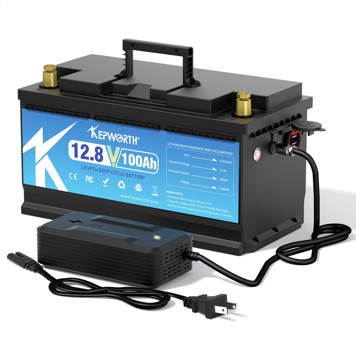 Kepworth 12.8V 100Ah Lifepo4 Battery Rechargeable Lithium Battery With 100A Bms, 4000-15000 Deep Cycles, Grade A Lithium Iron Phosphate Battery Cells, For Trolling Motor, Boat, Rv, Solar