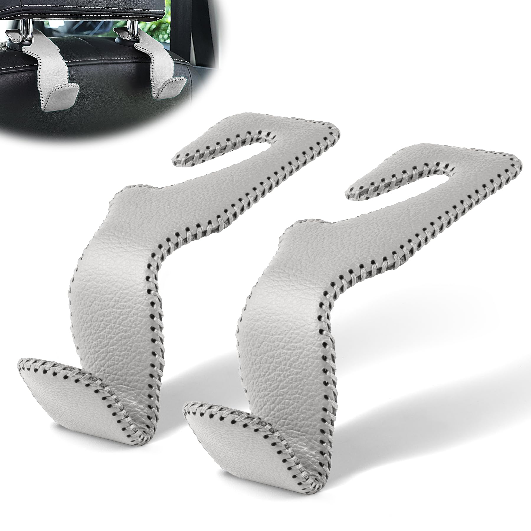 Livtee Gray Superior Leather Car Seat Back Headrest Hook, Auto Seat Hook Hangers Interior Accessories For Purse Coats Umbrellas