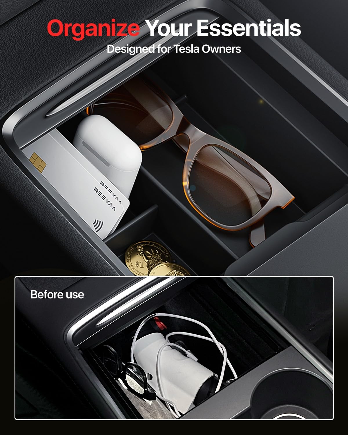 Reevaa 2024 Newest Tesla Model Y /3 Center Console Organizer Tray Accessories [Bumpy Road Friendly] Fit For Tesla Model Y 2024-2