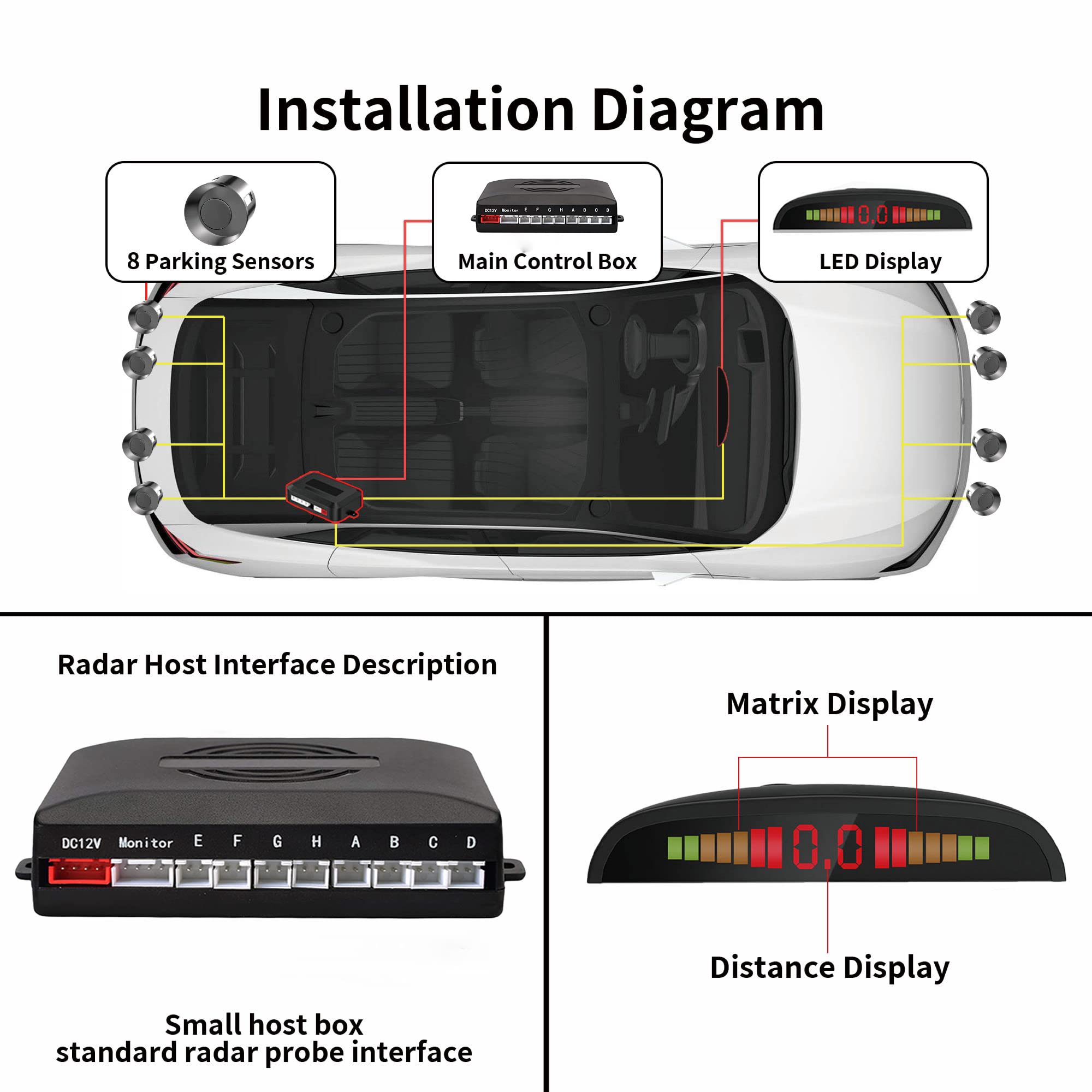 Car Auto Reverse Parking Radar System with 8 Parking Sensors Distance Detection + LED Distance Display + Sound Warning (Gray Col