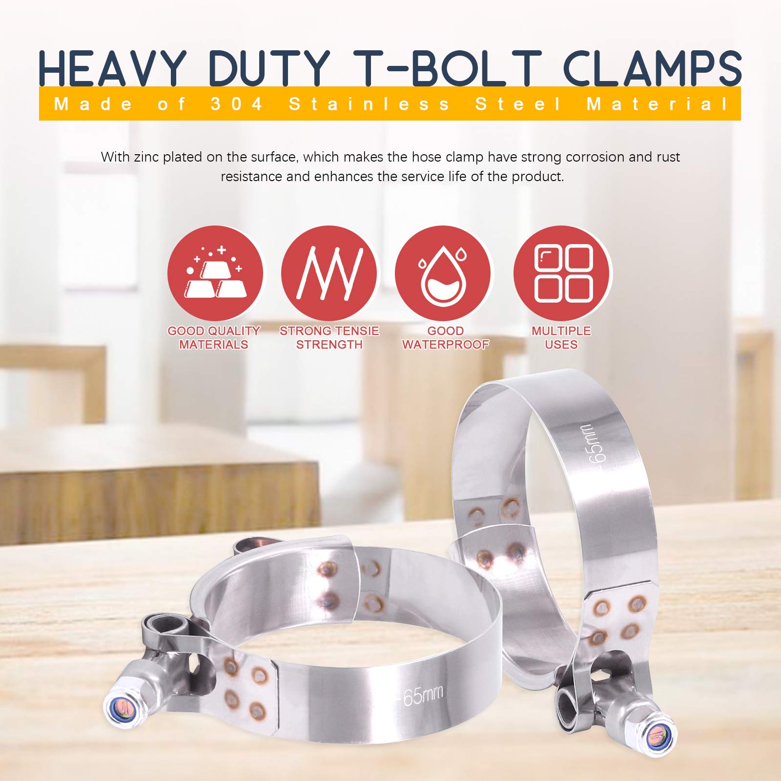 Hilitchi 5Pcs Stainless Steel T-Bolt Clamps With Rounded Band Edges Heavy Duty Turbo Intake Intercooler Clamp (57-65Mm) For 2 Inch
