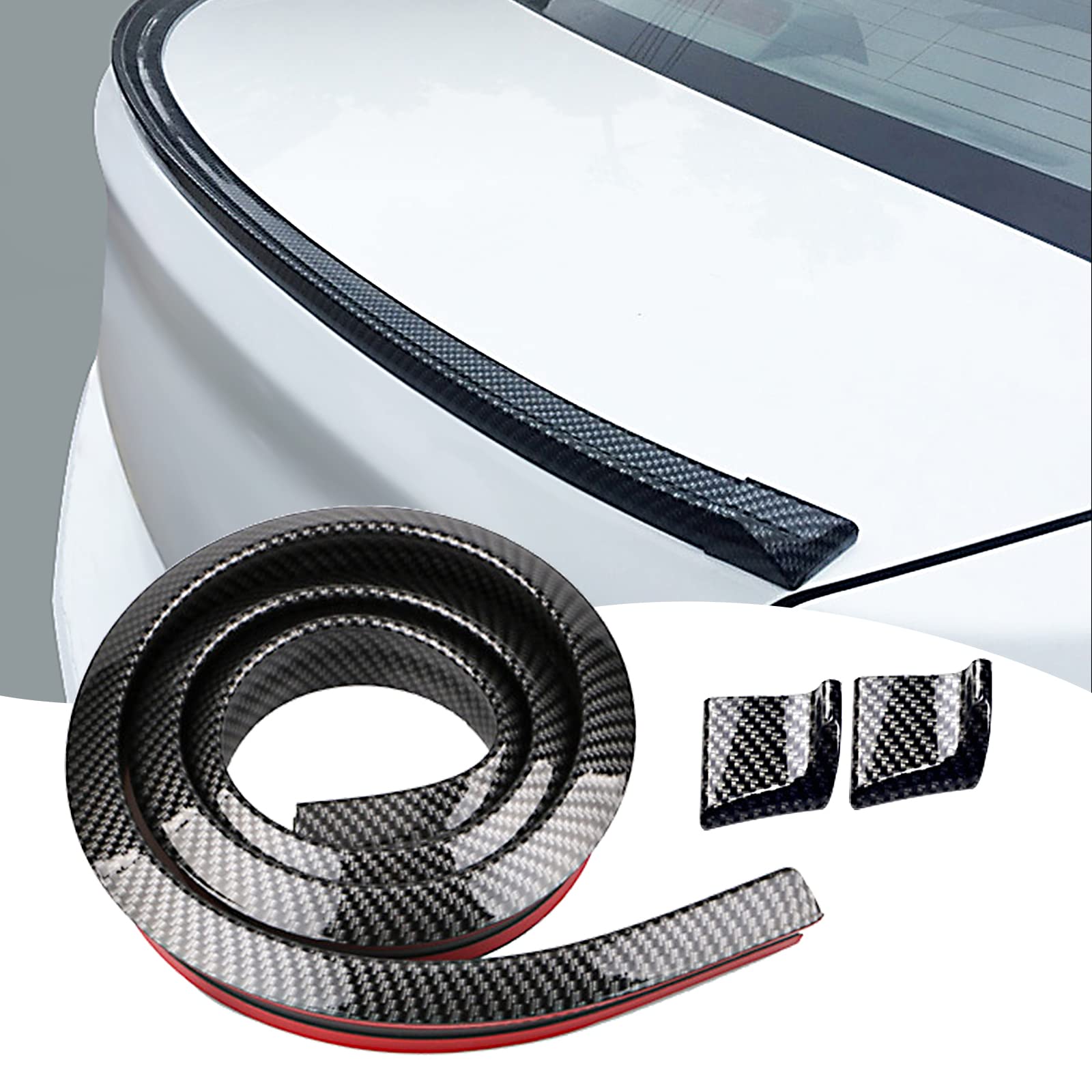 Ajxn Pack-1 Car Universal 4.9 Ft Carbon Fiber Pattern Rear Wing Decorative Strip, Spoiler Free-Punching Rubber Lip Sticker, Suit