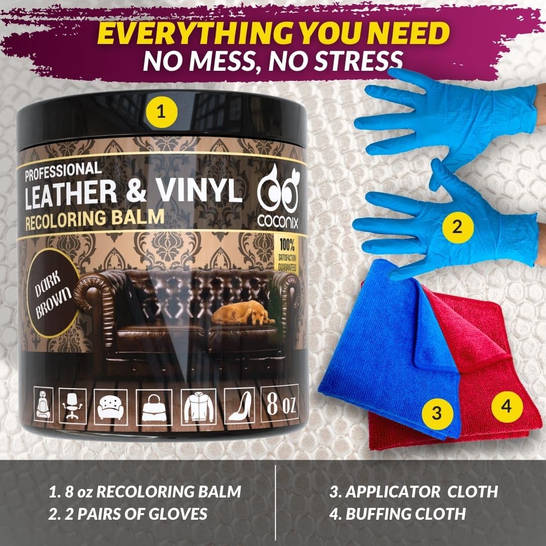 COCONIX Leather Recoloring Balm - Dark Brown, 8 oz, Restores Aged Leather & Vinyl, Model LRB2DB