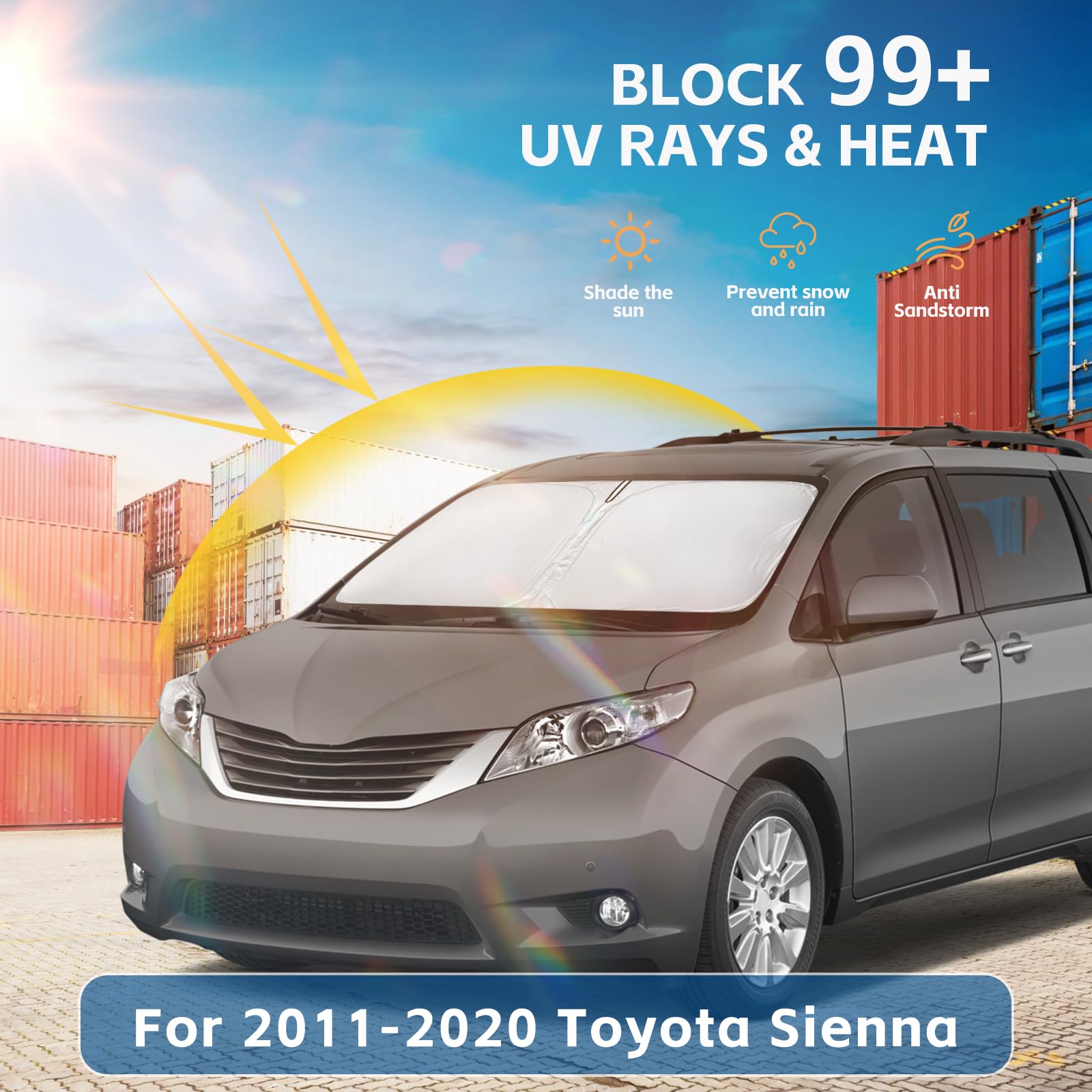 Windshield Sun Shade For Toyota Sienna 2011-2020 Double Layer 240T Front Window Shade Custom Fit Sun Visor Foldable Shade Blocks