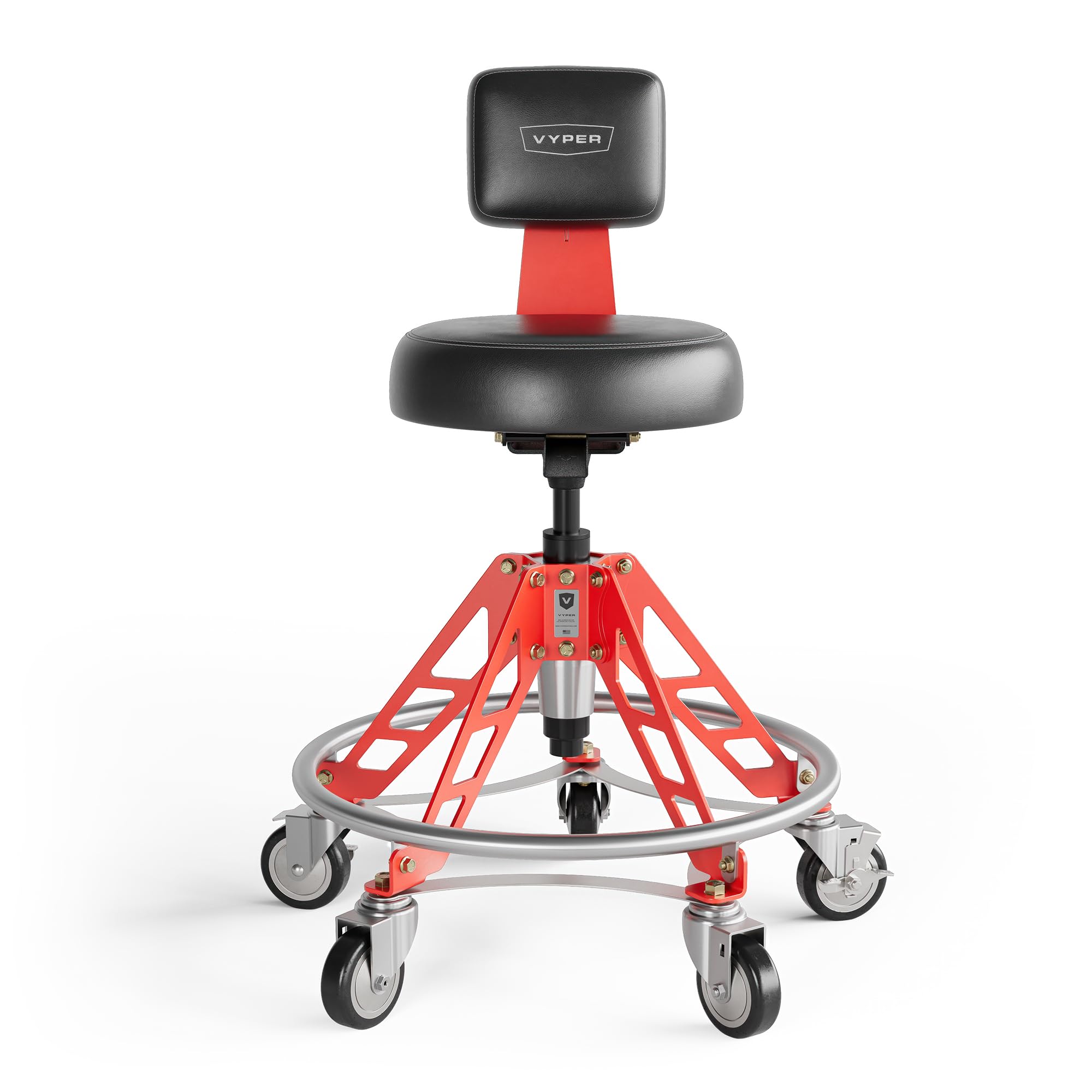 Vyper Elevated Steel Max EZ-Lift Shop Chair with Backrest, Rolling Stool for Workbench Height, 400 lb Capacity, Industrial Caste
