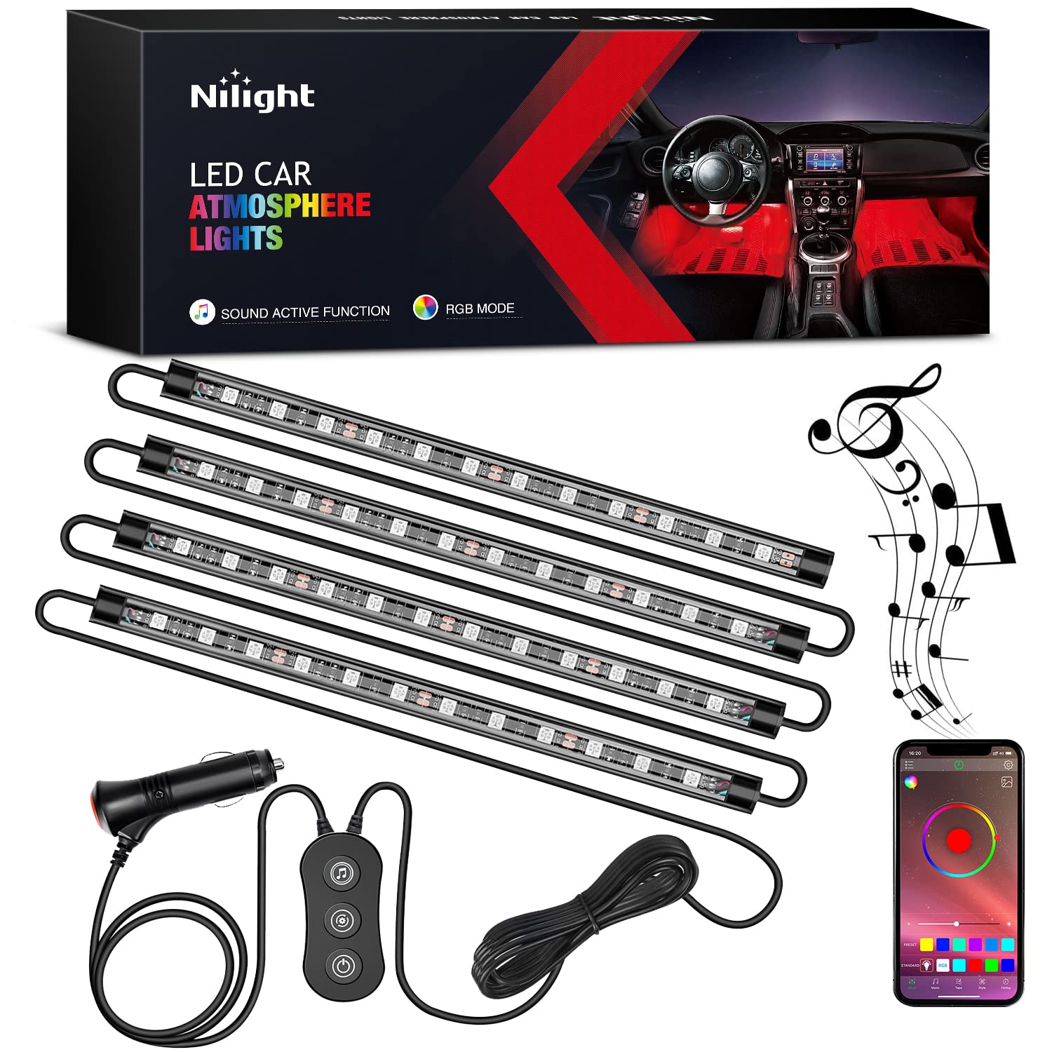 Nilight Rgb Led Car Interior Stripe Light With App Control Multicolor Music Sync Mode Waterproof Car Under-Glow Lighting Lamp Ki