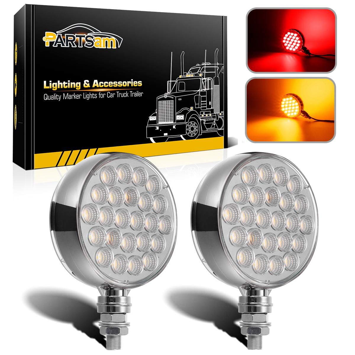 Partsam 2Pcs Double Face Round Led Pedestal Lights Fender Stop Turn Signal Tail Brake Lights Clear Lens 48 Led Post Mount Semi T