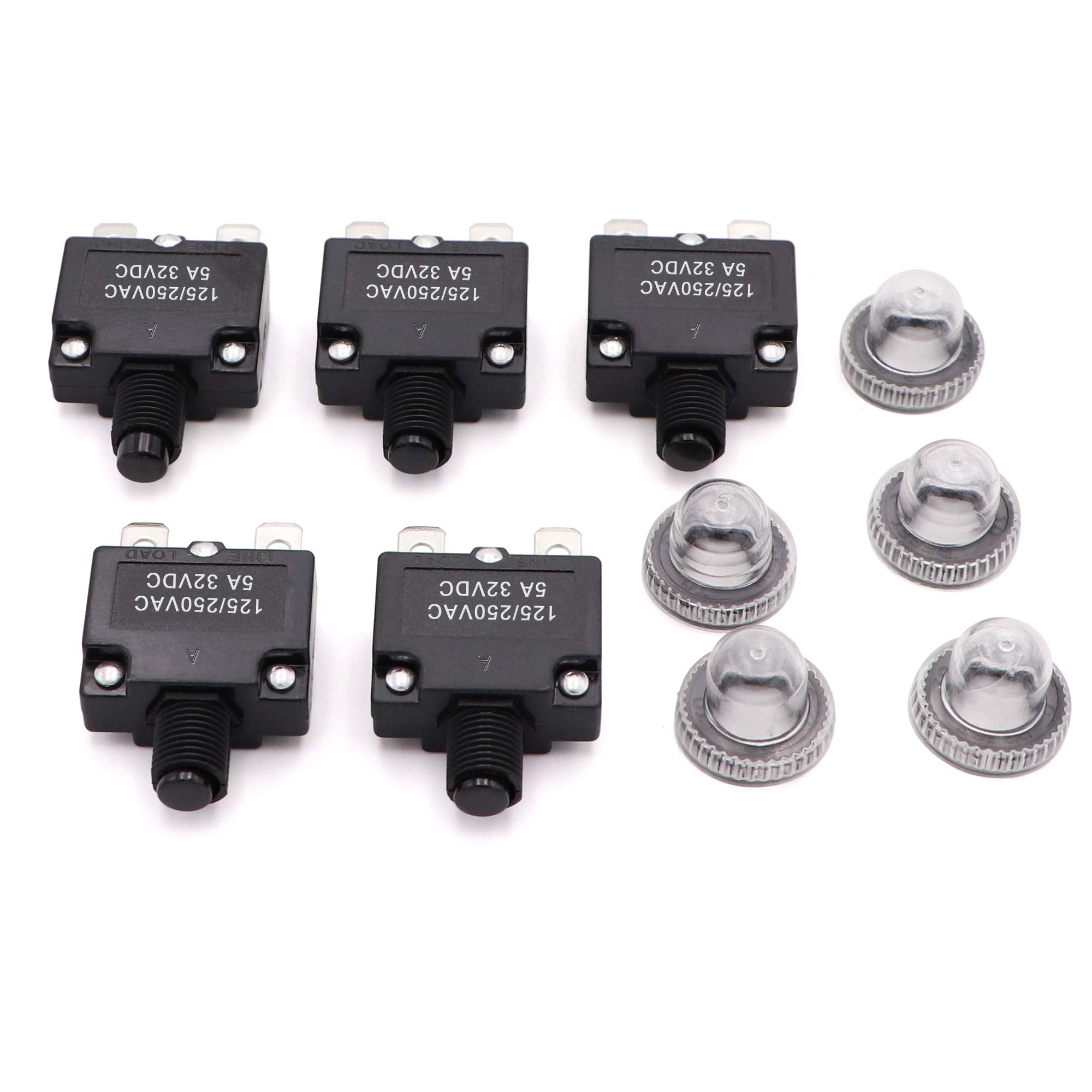 Fuzbaxy 5Pcs 5Amp Circuit Breakers With Manual Reset 32V Dc,Ac125-250V With Quick Connect Terminals