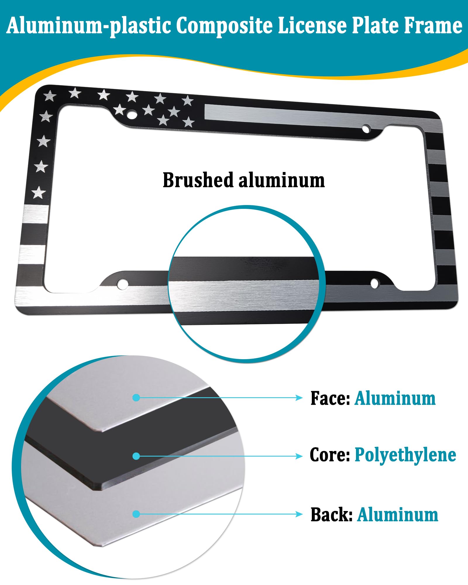 Aootf American Flag License Plate Frames- Patriotic Usa Car Tag Cover, 2 Pack 4 Hole Thin Matte Black Brushed Aluminum Plastic C