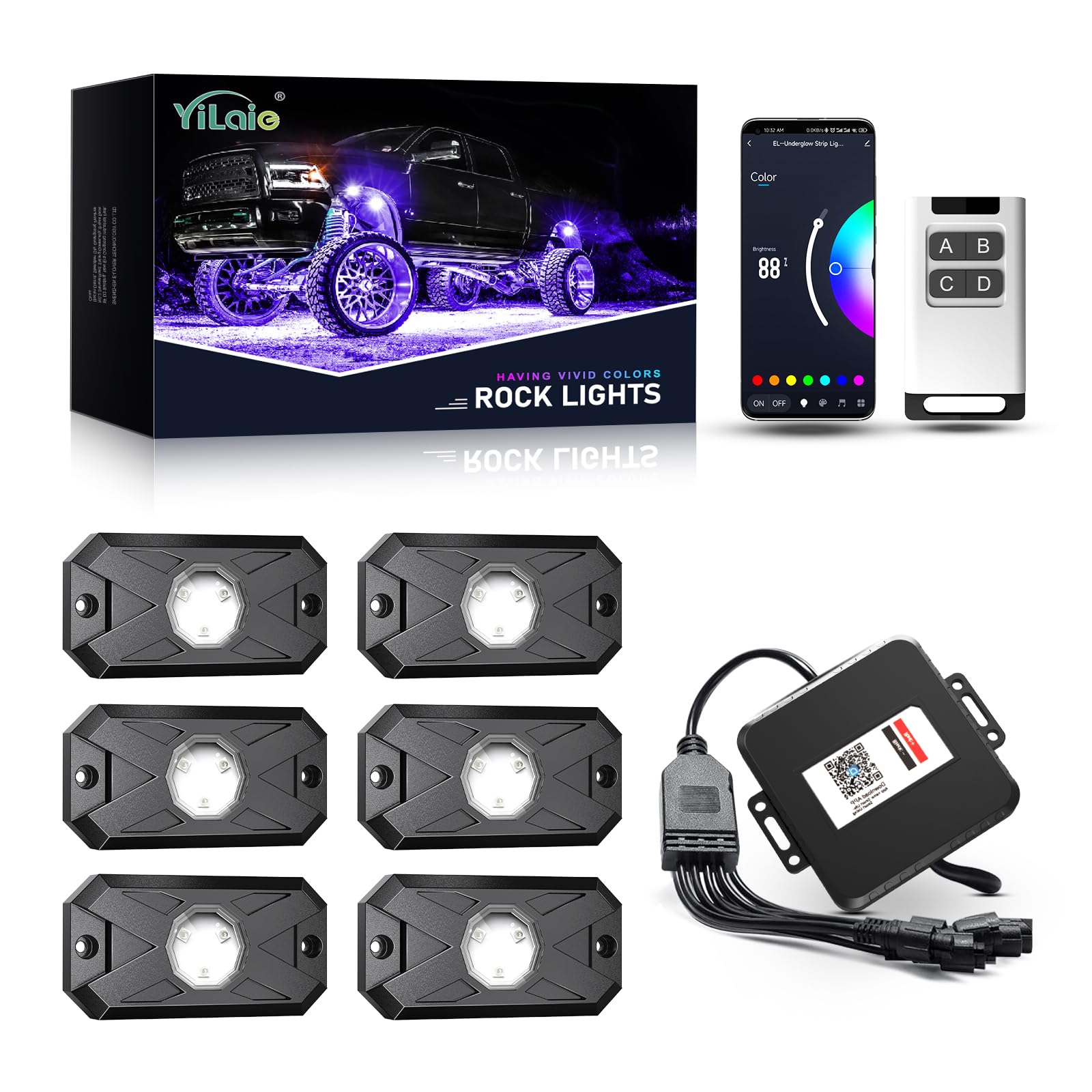 Yilaie Rgb Led Rock Lights Kit, 6 Pods Underglow Multicolor Neon Light With App/Rf Remote Control, Flashing Music Mode, Multicol