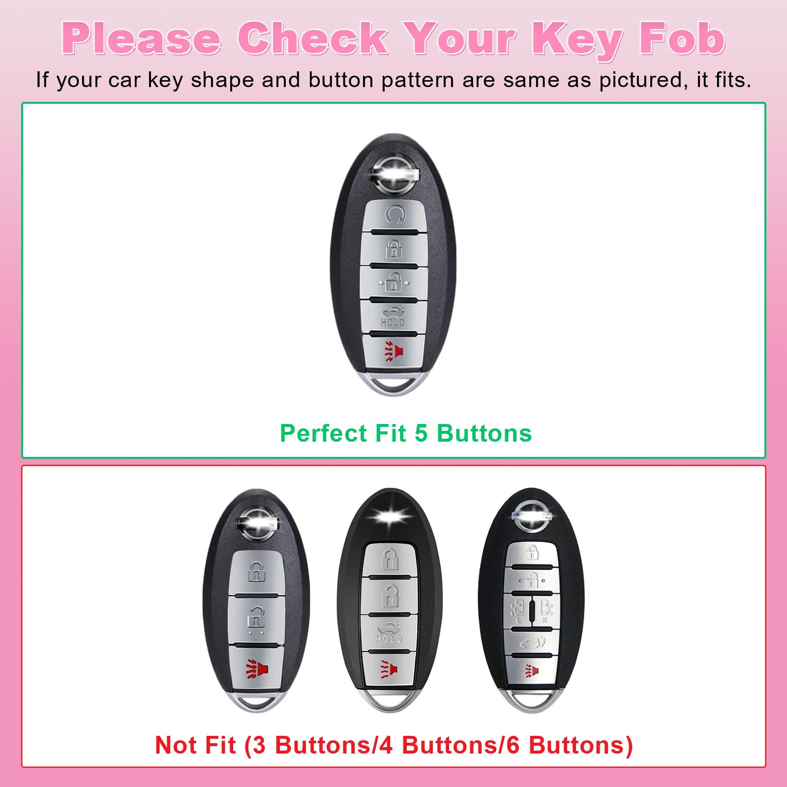 Pifoog Key Fob Cover For Nissan 5 Button Pink Girly Car Keys Case Shell Bling Keychain Full Covers Protector Accessories For Alt