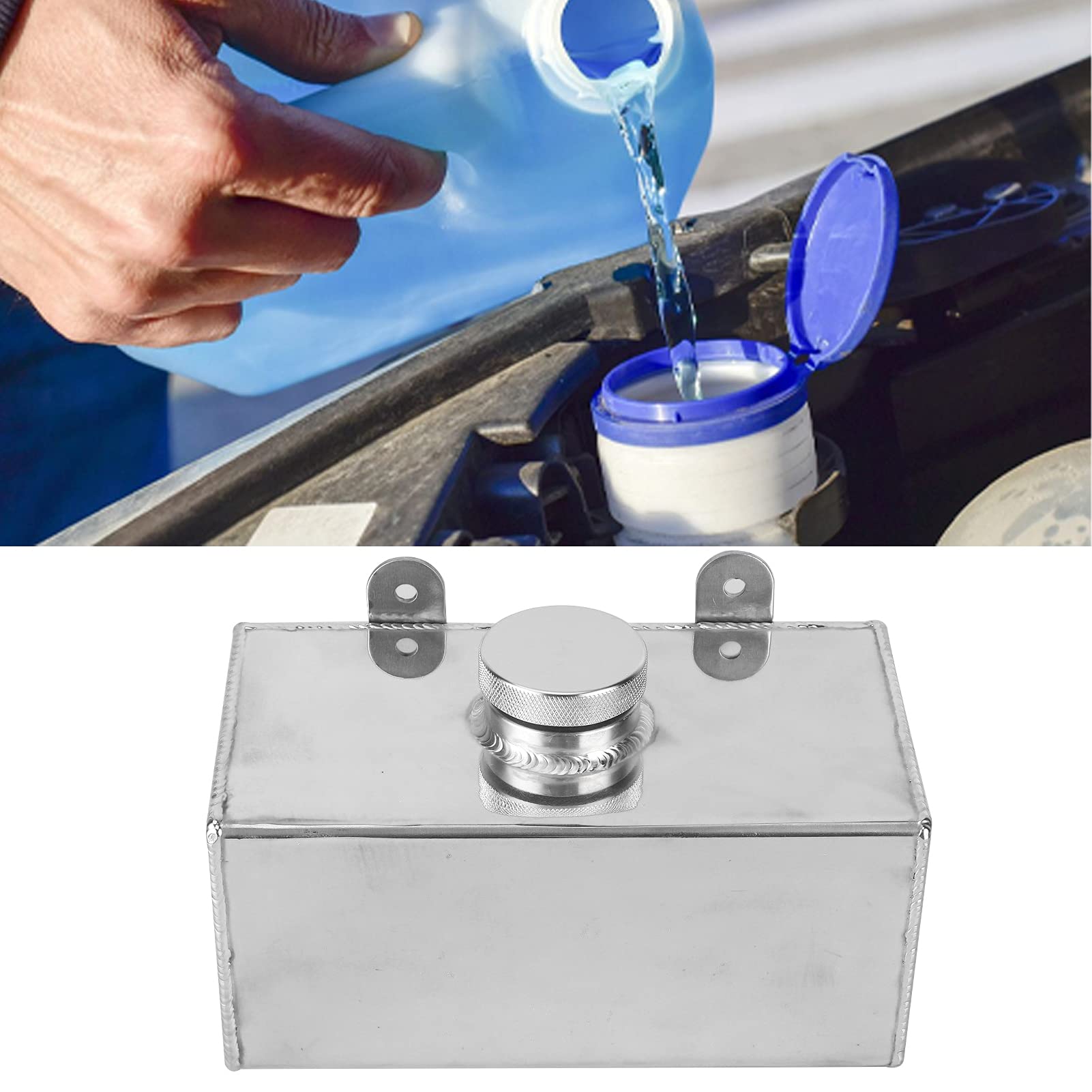 Qiilu Windshield Washer Reservoir Tank, Aluminium Windscreen Washer Bottle 2L Polished Intercooler Spray Tank Universal Car Parts