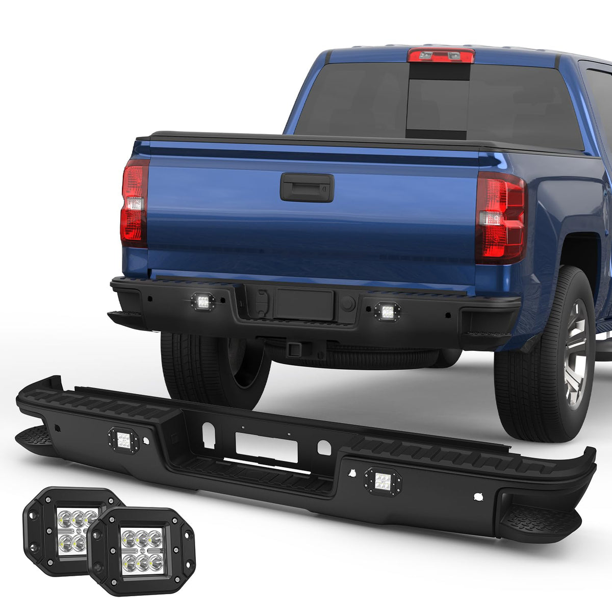 KUIPERAUTO Black Rear Step Bumper Assembly Compatible for 2014-2018 Chevrolet Chevy Silverado/GMC Sierra 1500 Pickup with LED Sq