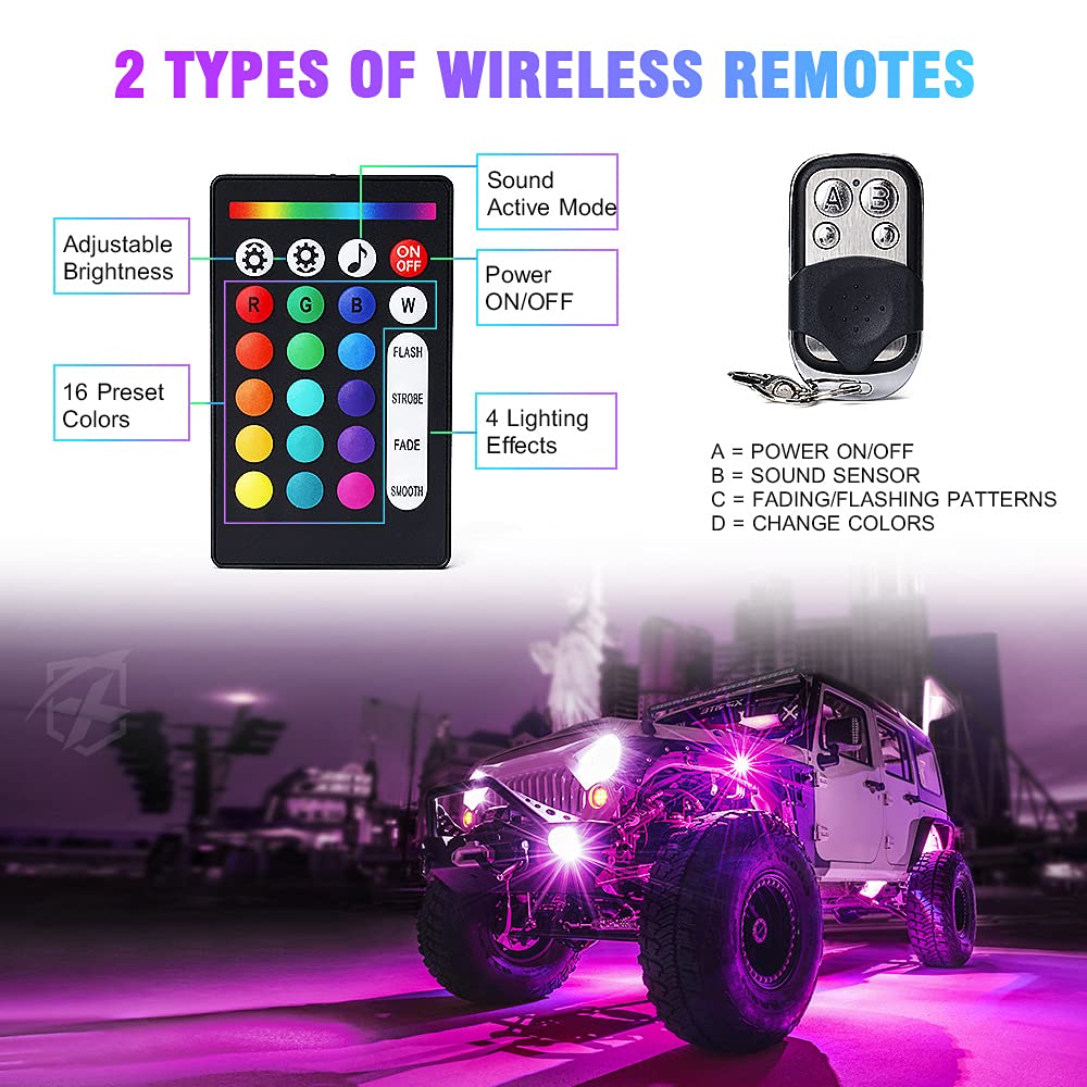 Xprite 8 Pods Rock Lights Wide Angle Bluetooth Rgb Rocklights, Multicolor Neon Lighting Footwell Underglow Kits W/Wireless Remot