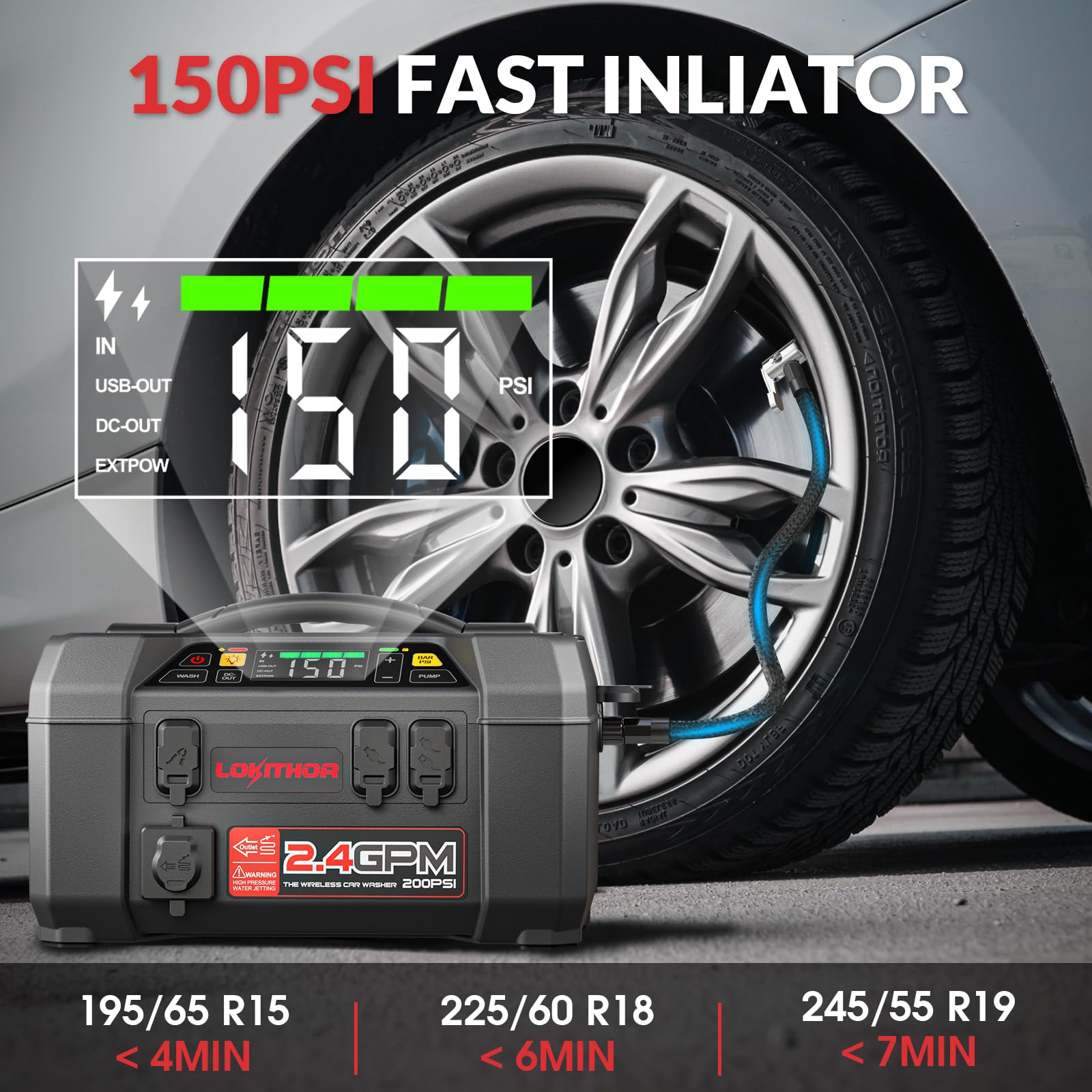 LOKITHOR AW401 2500A 12V Jump Starter for Up to 8.5L Gas or 6.5L Diesel, 1.5MPA Outdoor Camping Shower with Multi-use Sprayer, 2