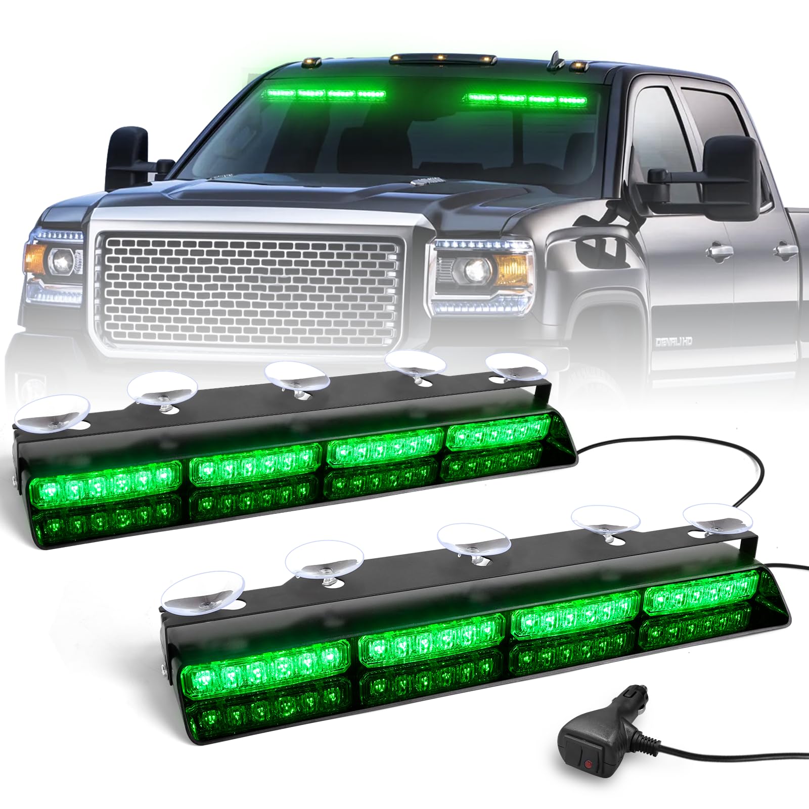 Hlauto 6Z4J Emergency Dash Strobe Lights: 2X16.8 Inch Green Safety Lights, 48 Led Flashing Warning Hazard Interior Windshield Vi