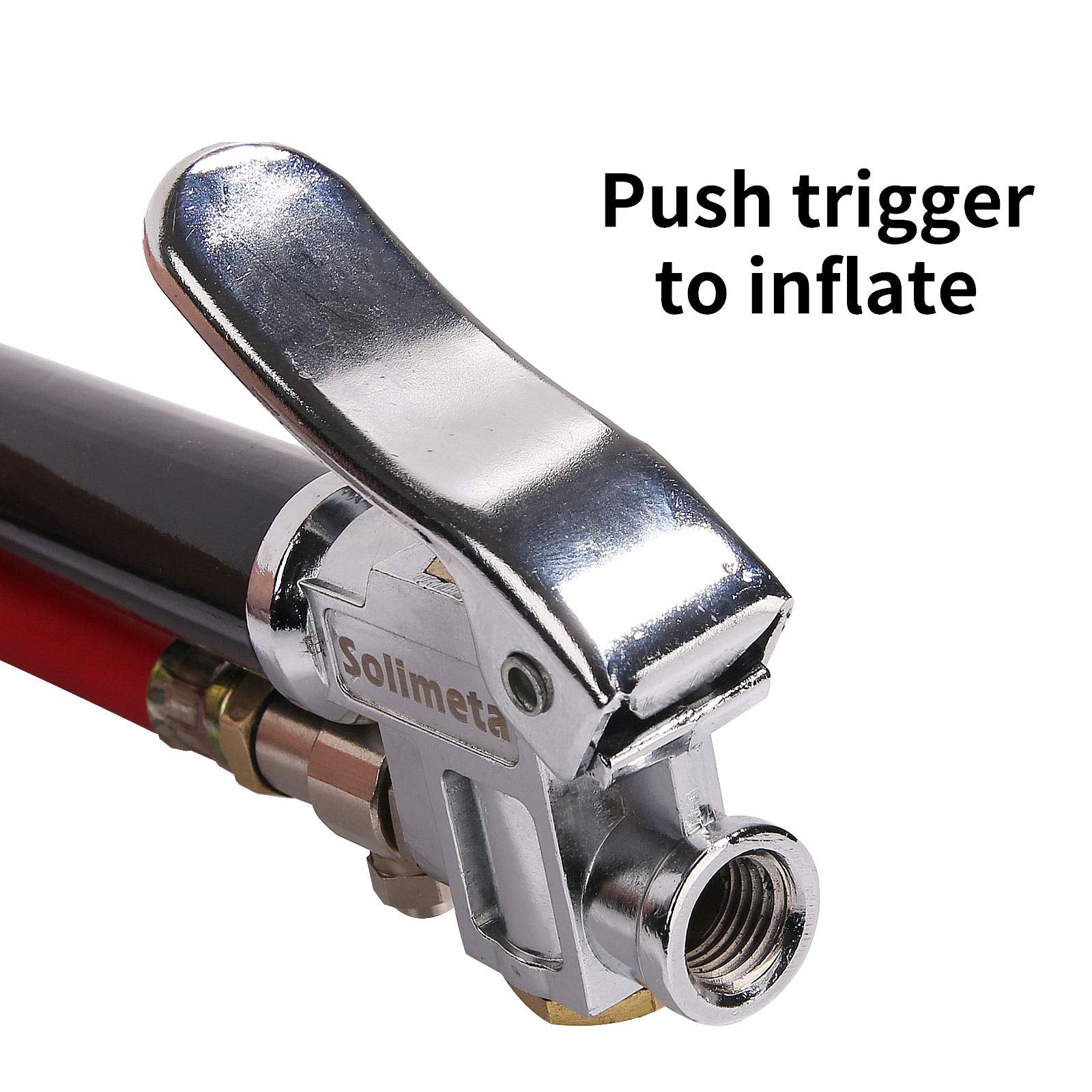 Solimeta Bayonet Style Inflator Gauge, Bayonet Inflator Gauge Kit, Straight-On Dual Foot Chuck, 20" Red Hos, Range 10-140Psi/Kpa