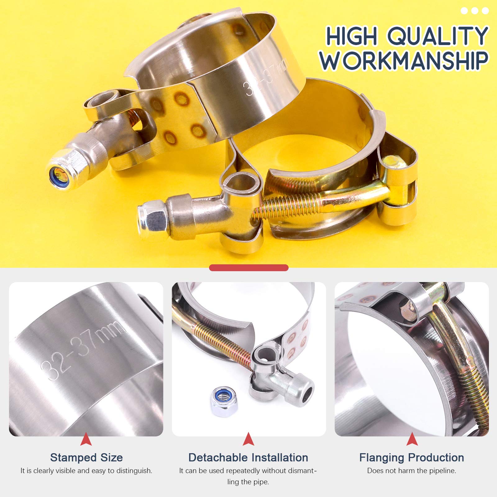 Hilitchi 5Pcs Stainless Steel T-Bolt Clamps With Rounded Band Edges Heavy Duty Turbo Intake Intercooler Clamp (32-37Mm) For 1 Inch