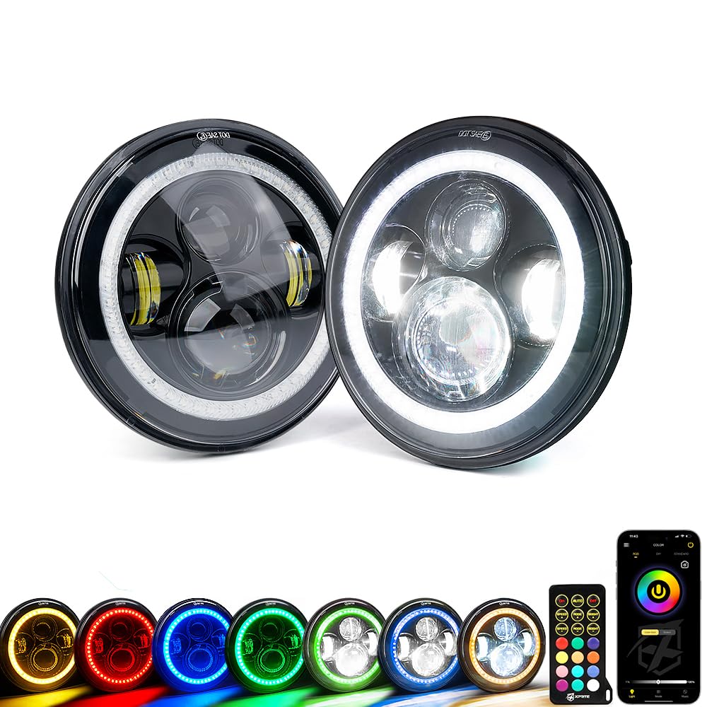Xprite 7 Inch Rgb Led Headlights With Dual Controlled, Halo Lights W/Halo Ring Drl And Turn Signal Function Compatible With 2007