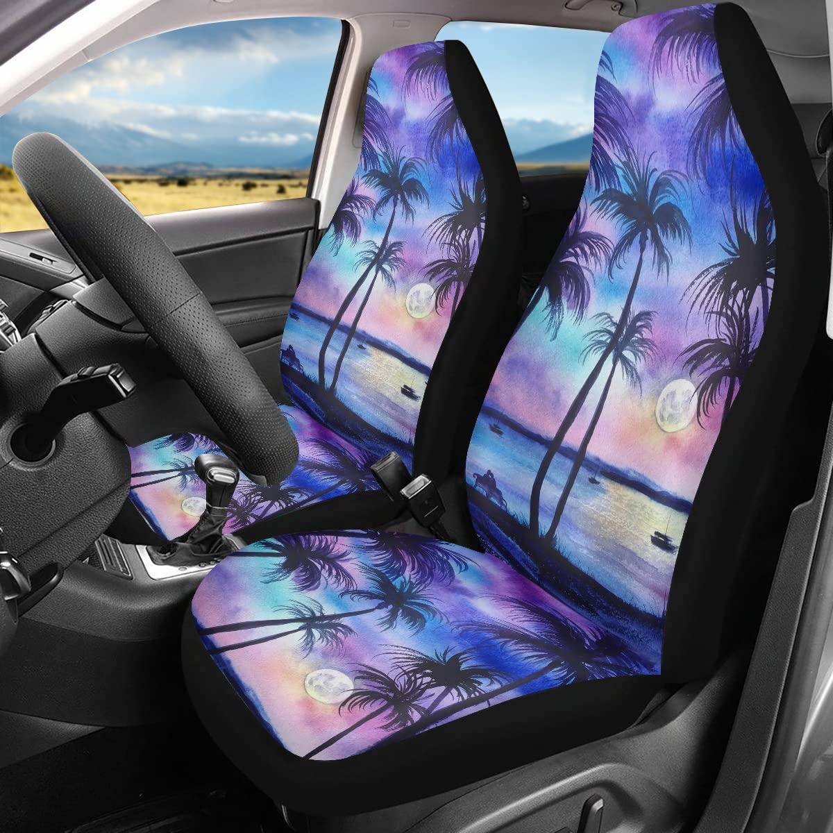 Toaddmos Hawaiian Style Beautiful Sunset Tropical Beach Palm Tree Car Seat Covers Front Seat Only,Vehicle Bucket Seat Protetors Universal Fit Most Vehicle,Sedan,Truck,Van
