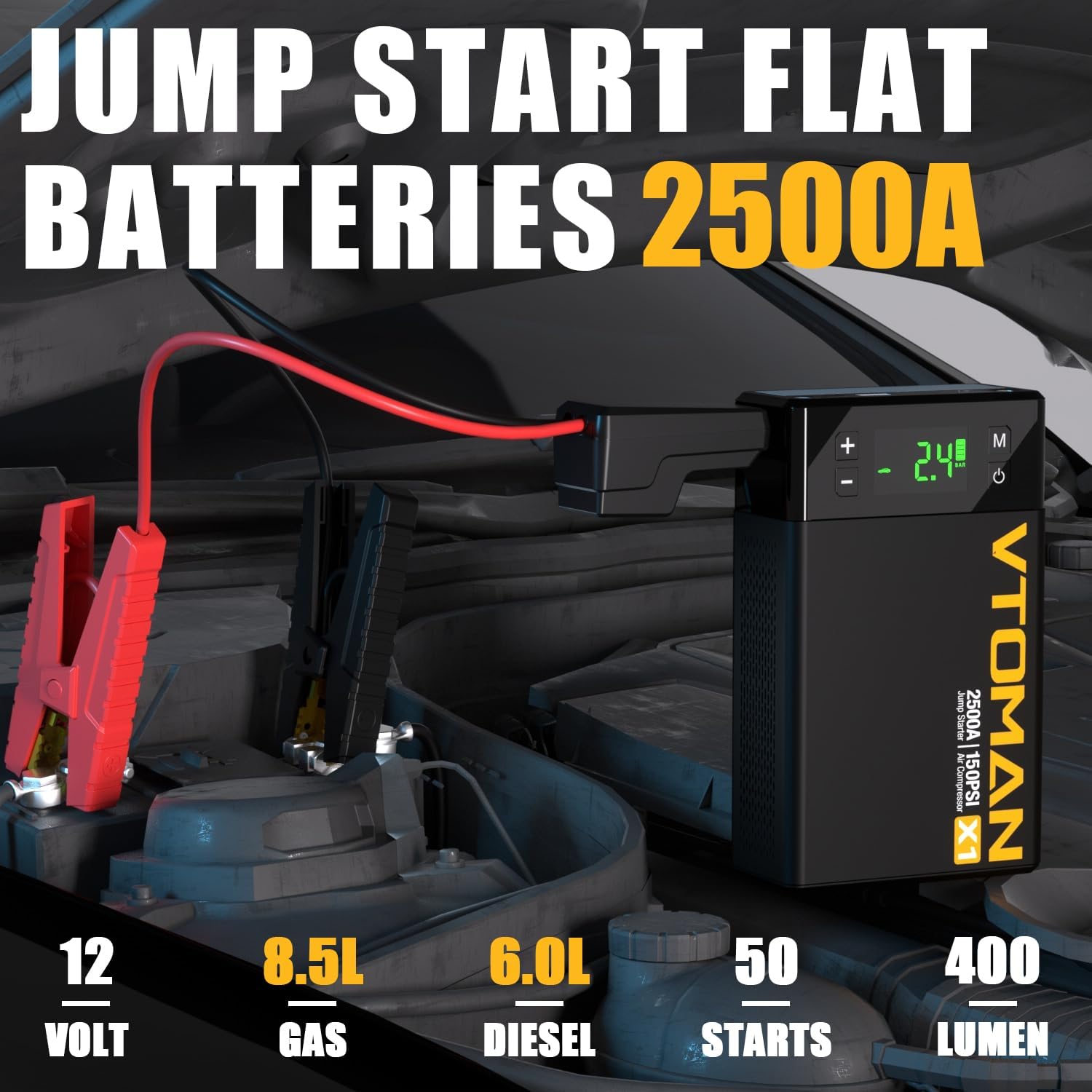 Vtoman X1 Jump Starter With Air Compressor, Car Battery Jumper Starter (2500A,Up To 8.5L Gas/6L Diesel Engine) With 150Psi Auto