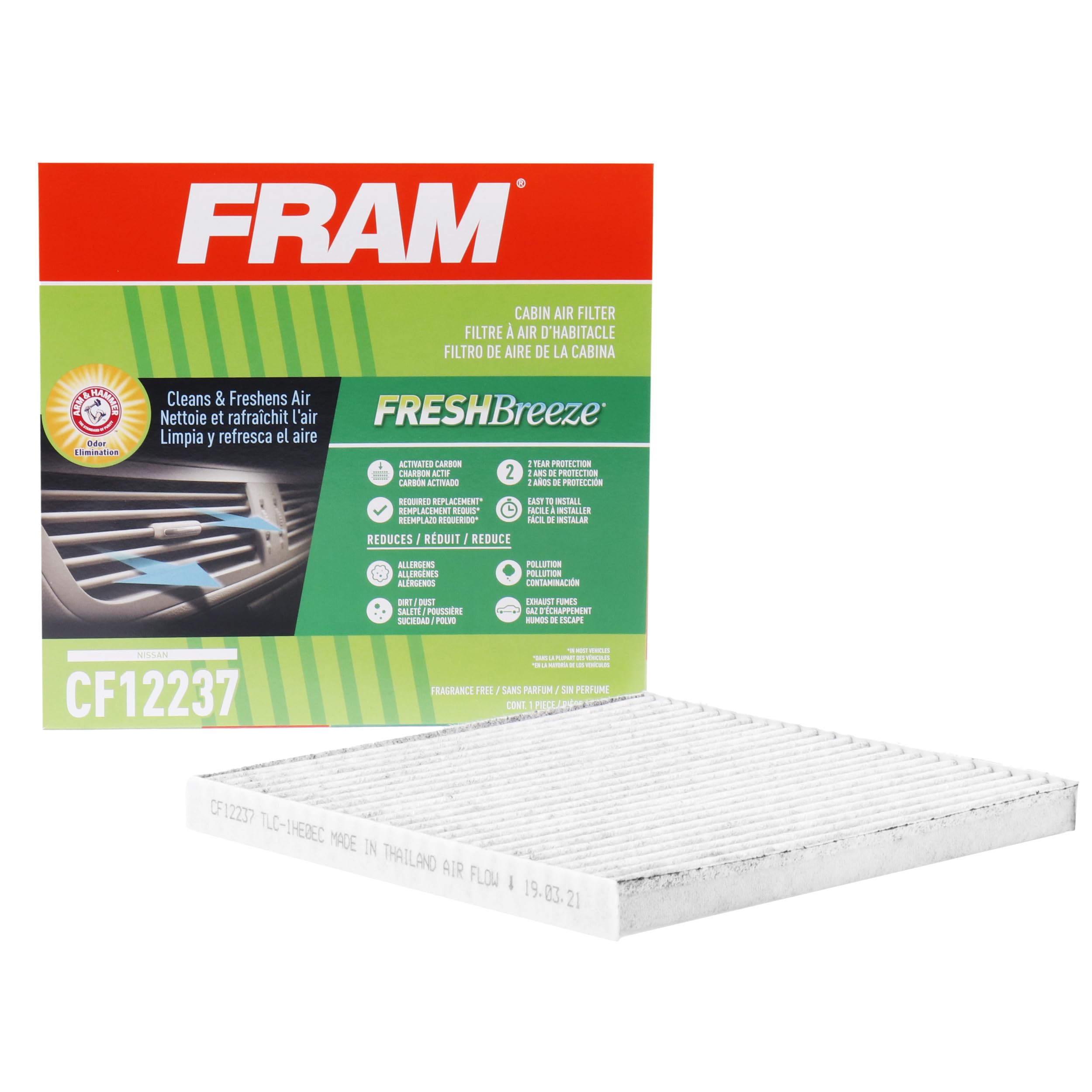 FRAM Fresh Breeze Cabin Air Filter Replacement for Car Passenger Compartment w/Arm and Hammer Baking Soda, Easy Install, CF12237