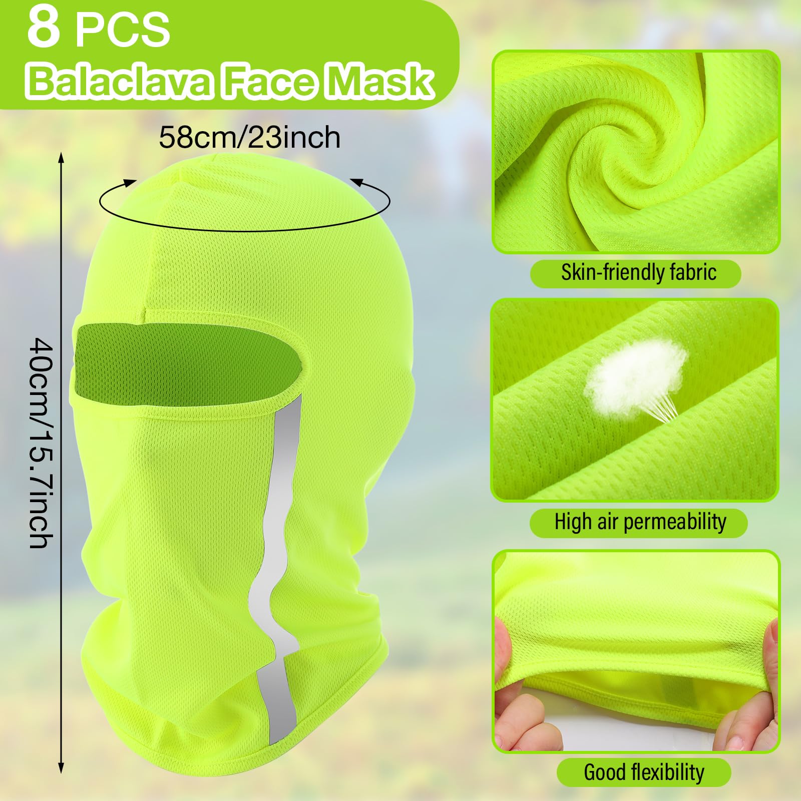 Blulu 8 Pcs Summer Balaclava Uv Sun Protection Full Face Mask Ski Mask For Men Women With Reflective Strip Cooling Breathable (Fluorescent Green)
