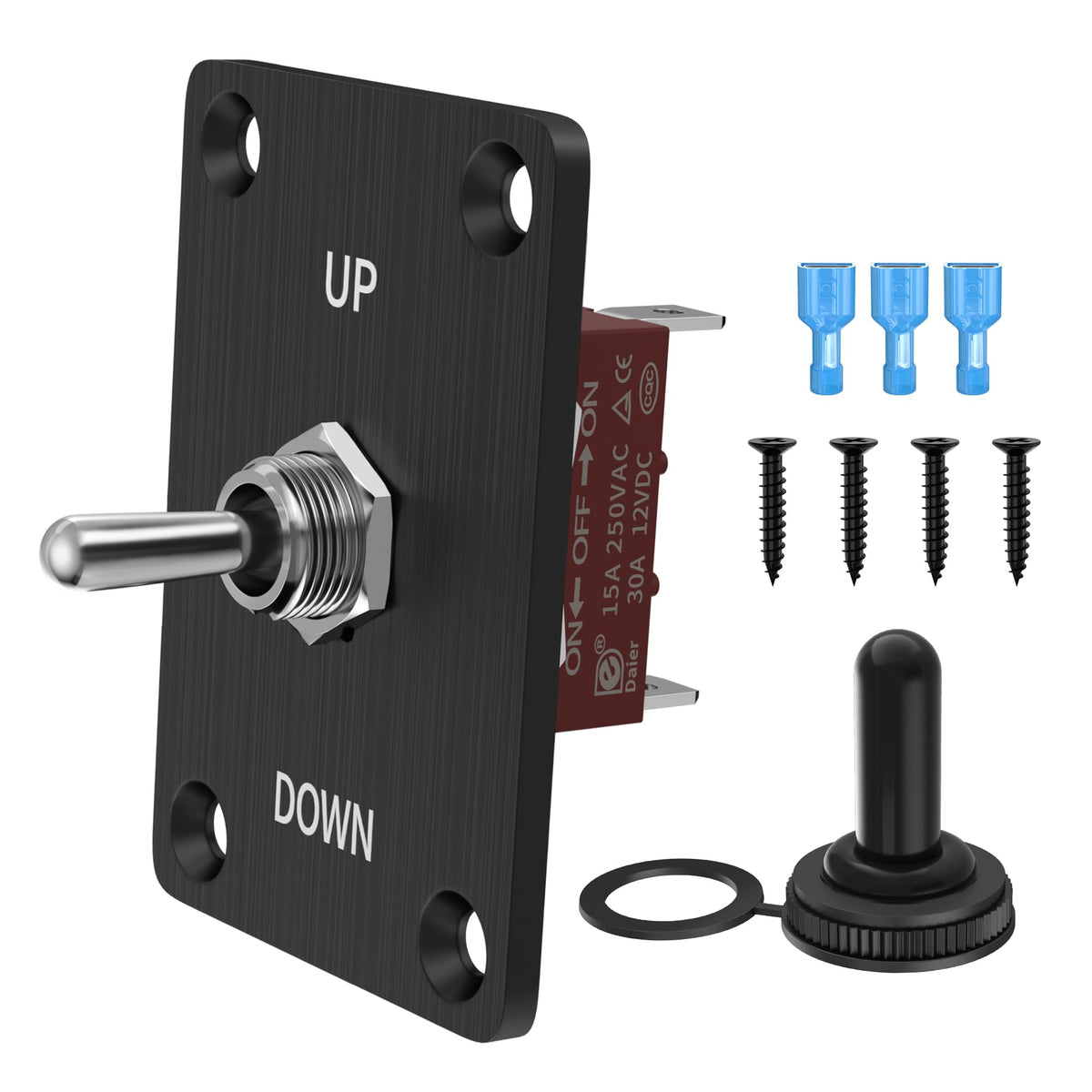 RVMARINEPAT Toggle Switch Waterproof Latching 12V 30A DC 3 Pin ON/Off/ON SPDT 120V 20A Rocker Switch with Up Down Mounting Panel