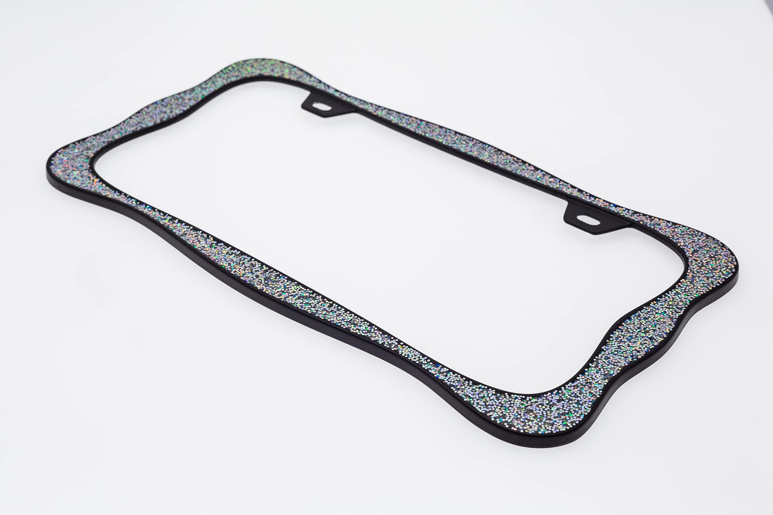 Creathome 3D Shining License Plate Frame, Black Powder Coated With Shining Sliver Chunky Gliter, Pure Zinc Alloy Metal