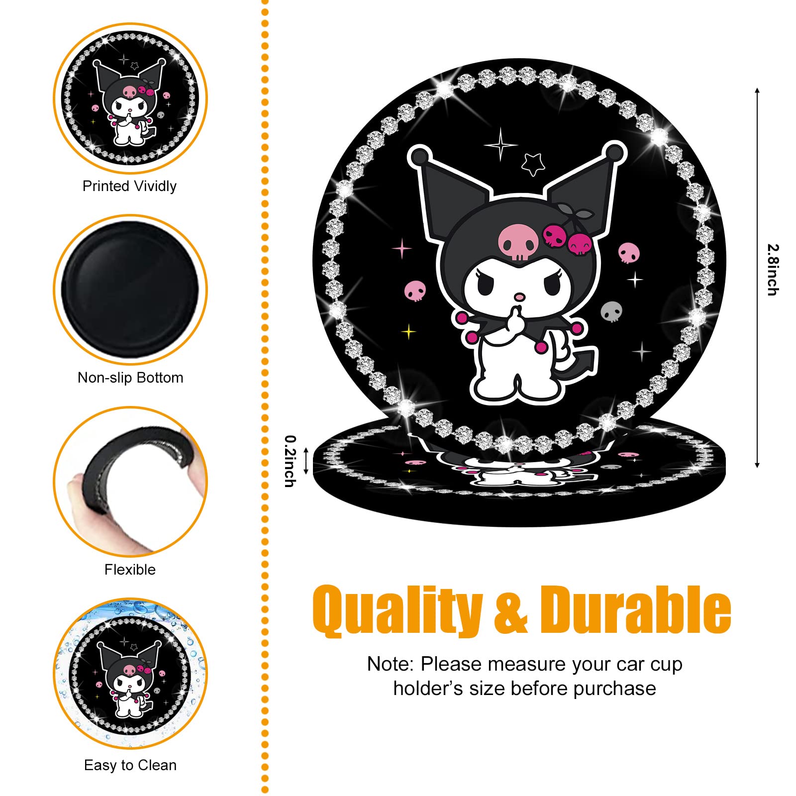 2Pcs Bling Car Cup Coaster, 2.75 Inch Cute Universal Silicone Non-Slip Cup Holders Coaster, Funny Car Decor Car Interior Accesso